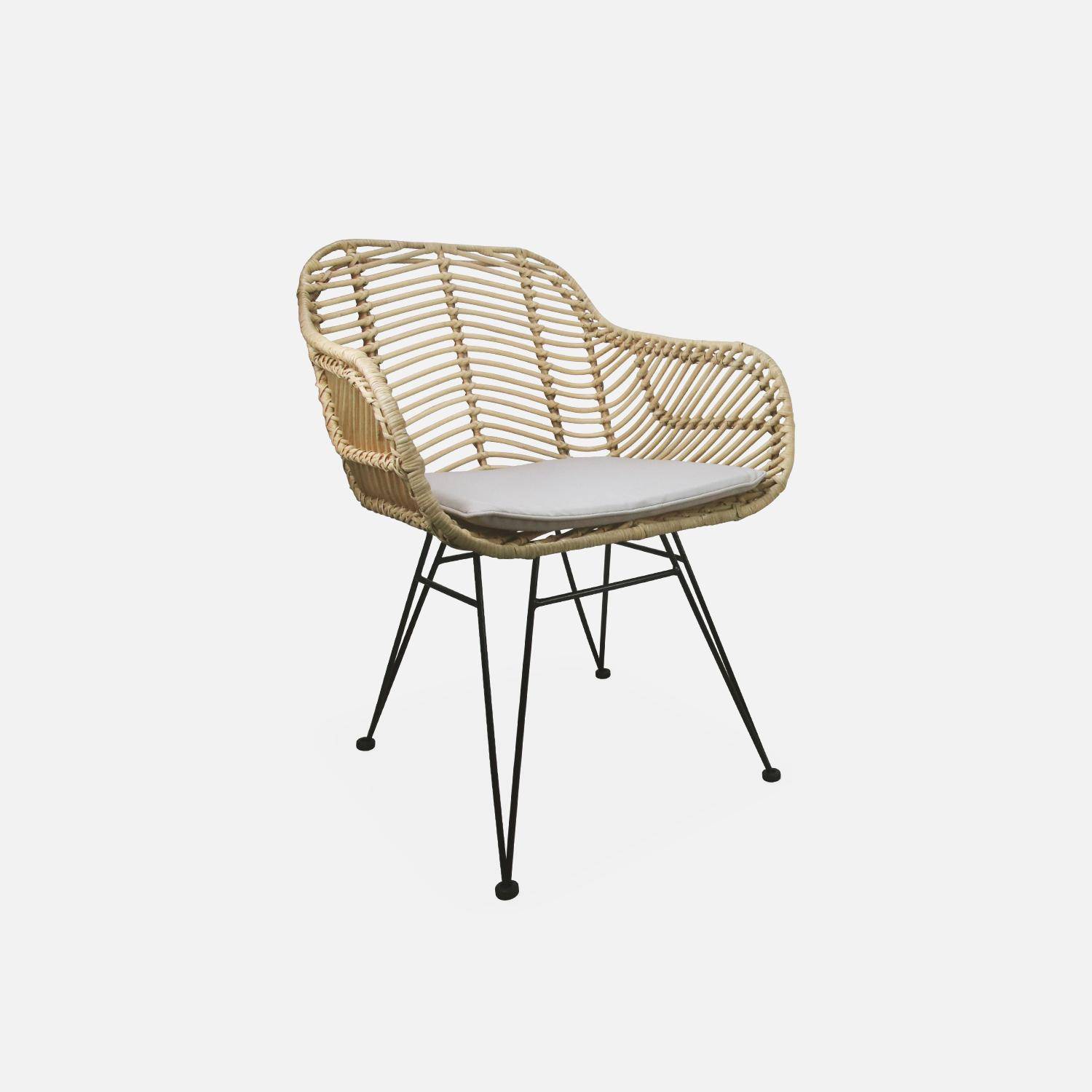 Rattan dining armchair with metal legs and cushion - Cahya - Natural rattan, White cushion Photo3