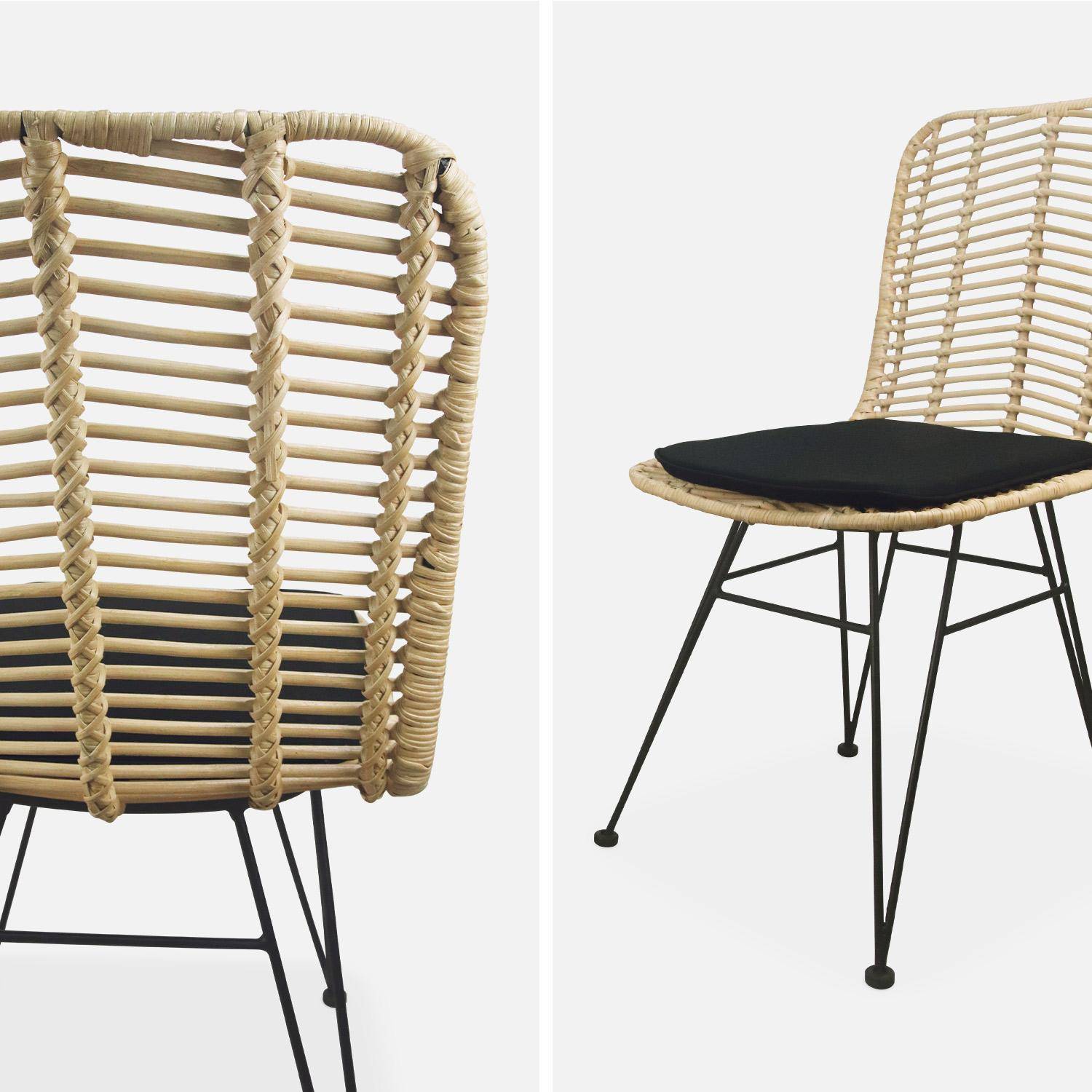 Pair of high-backed rattan dining chairs with metal legs and cushions - Cahya - Natural rattan, Black cushions Photo6