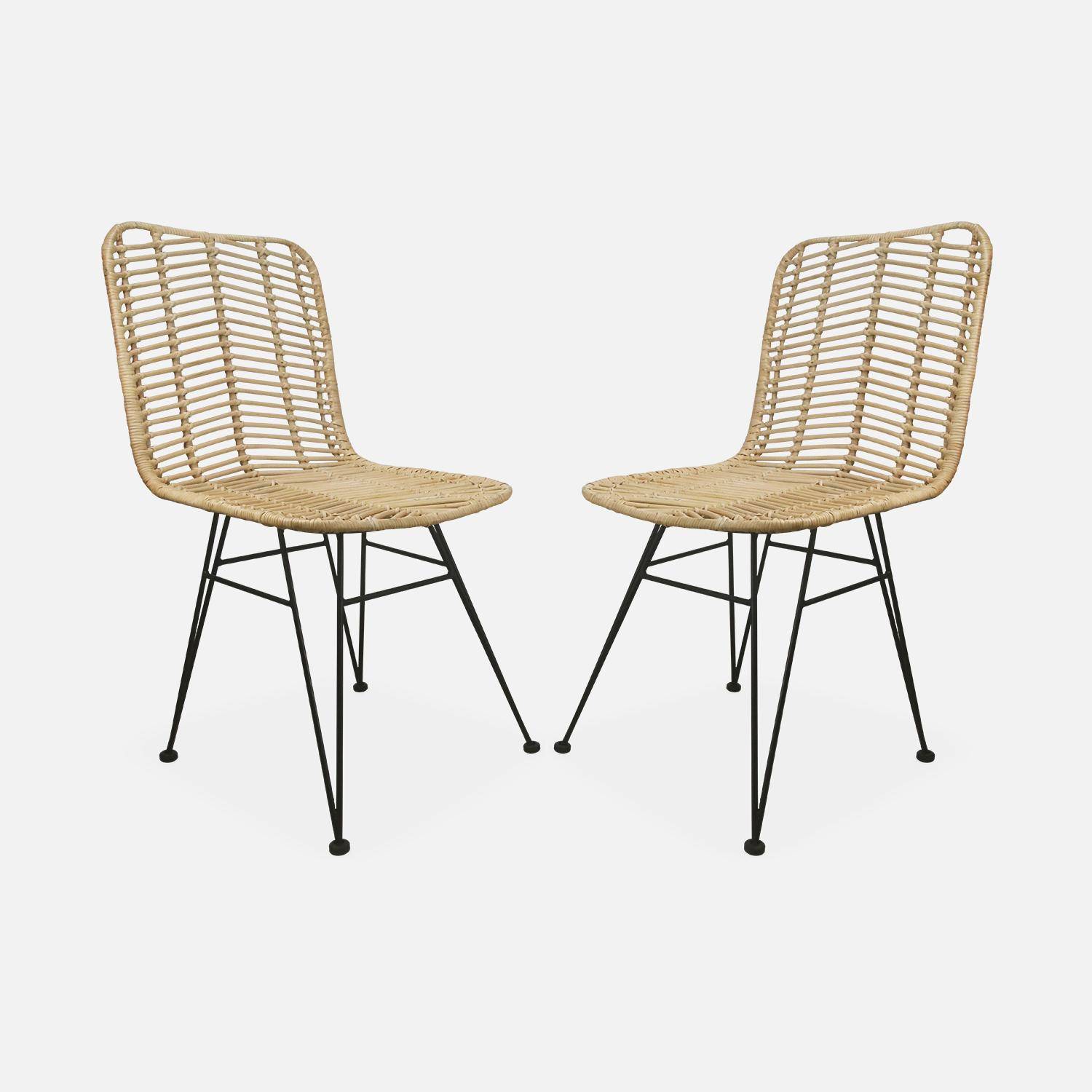 Pair of high-backed rattan dining chairs with metal legs and cushions - Cahya - Natural rattan, Black cushions Photo8