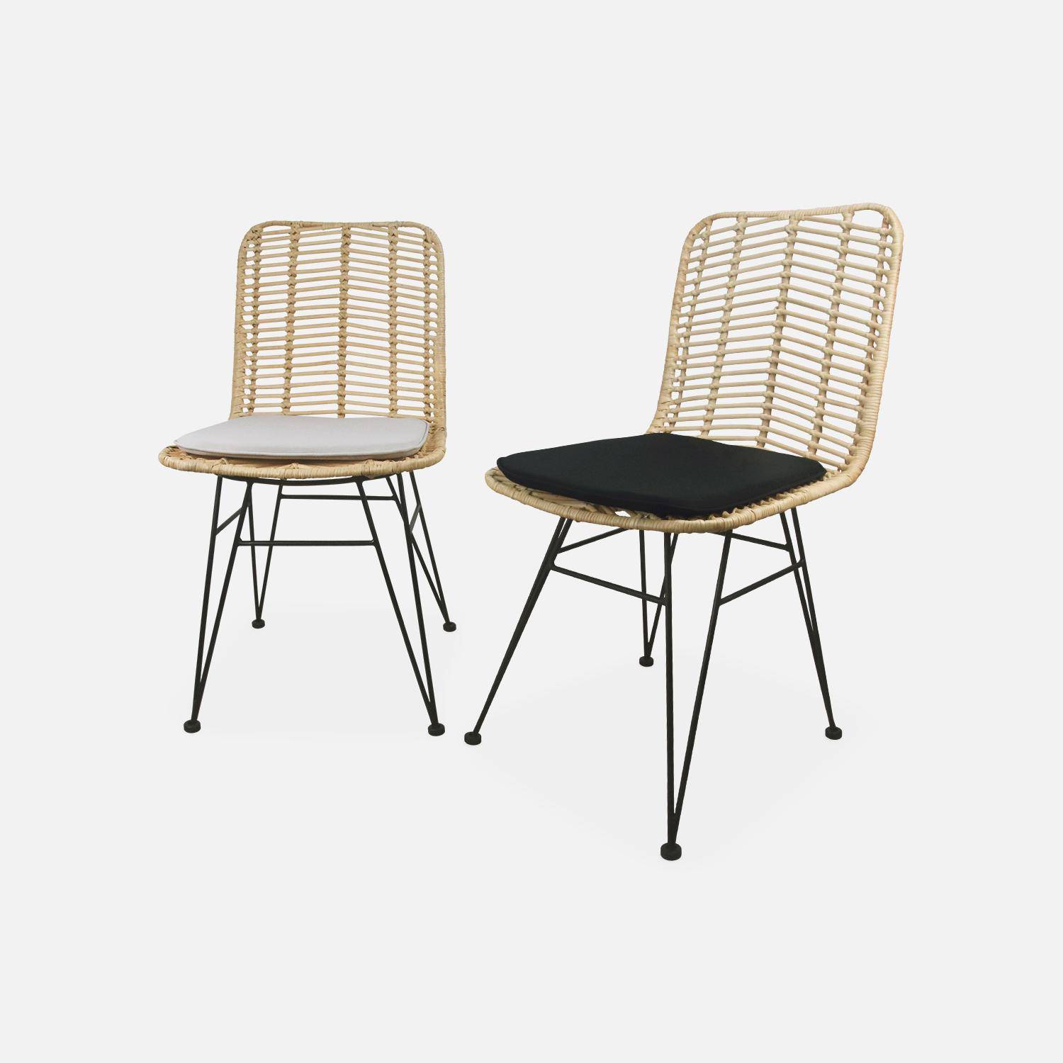 Pair of high-backed rattan dining chairs with metal legs and cushions - Cahya - Natural rattan, Black cushions Photo10