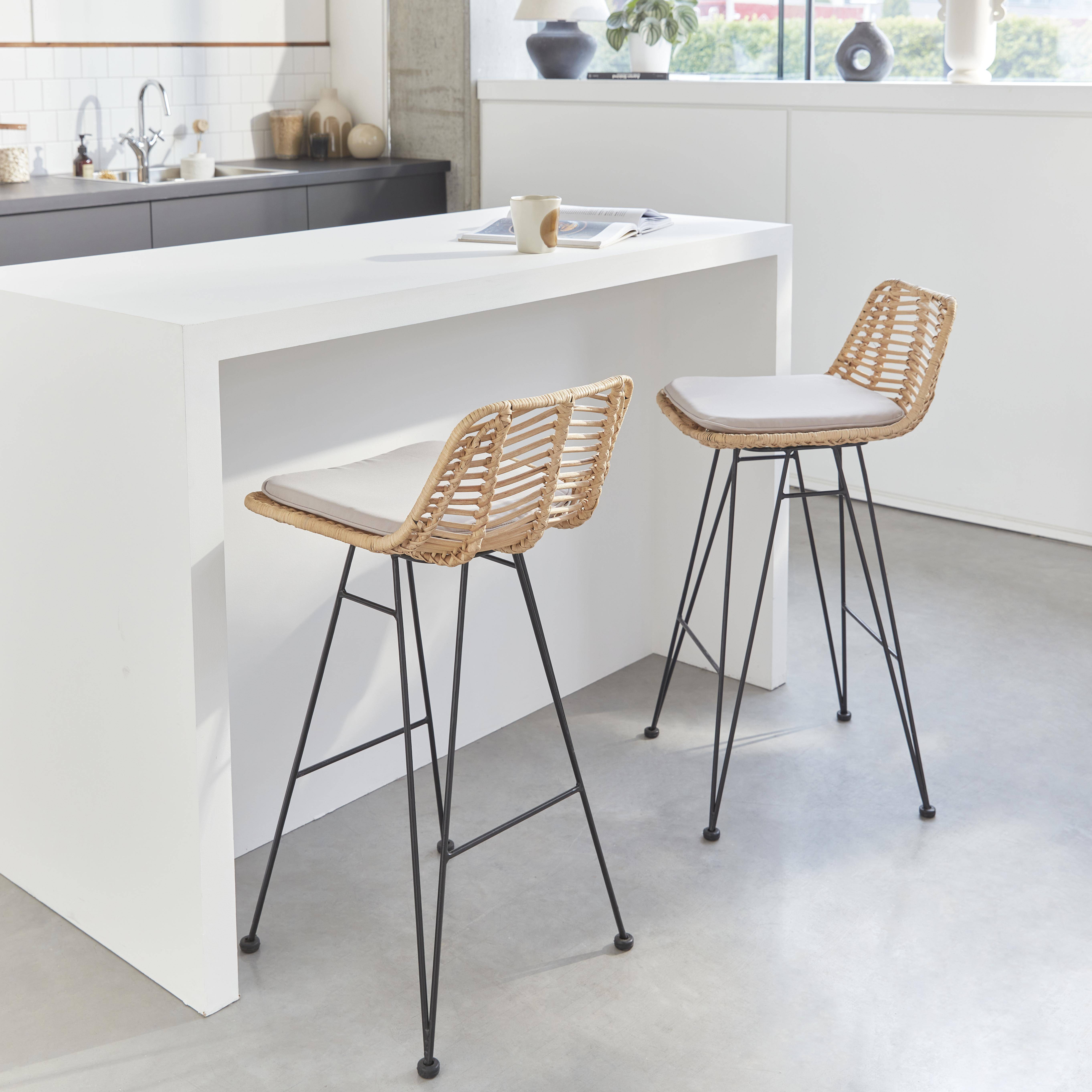 Pair of rattan bar stools with cushions, seat height 67cm - Cahya - Natural rattan, Beige cushions Photo1