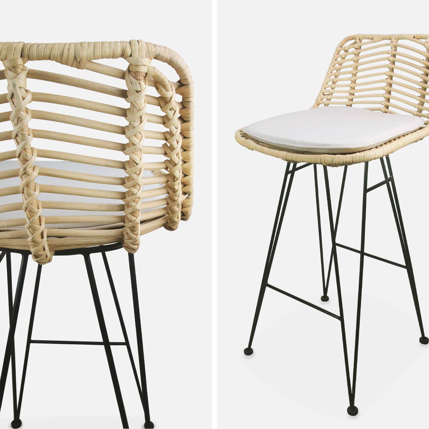 Pair of rattan bar stools with cushions, seat height 67cm - Cahya - Natural rattan, Beige cushions,sweeek,Photo6