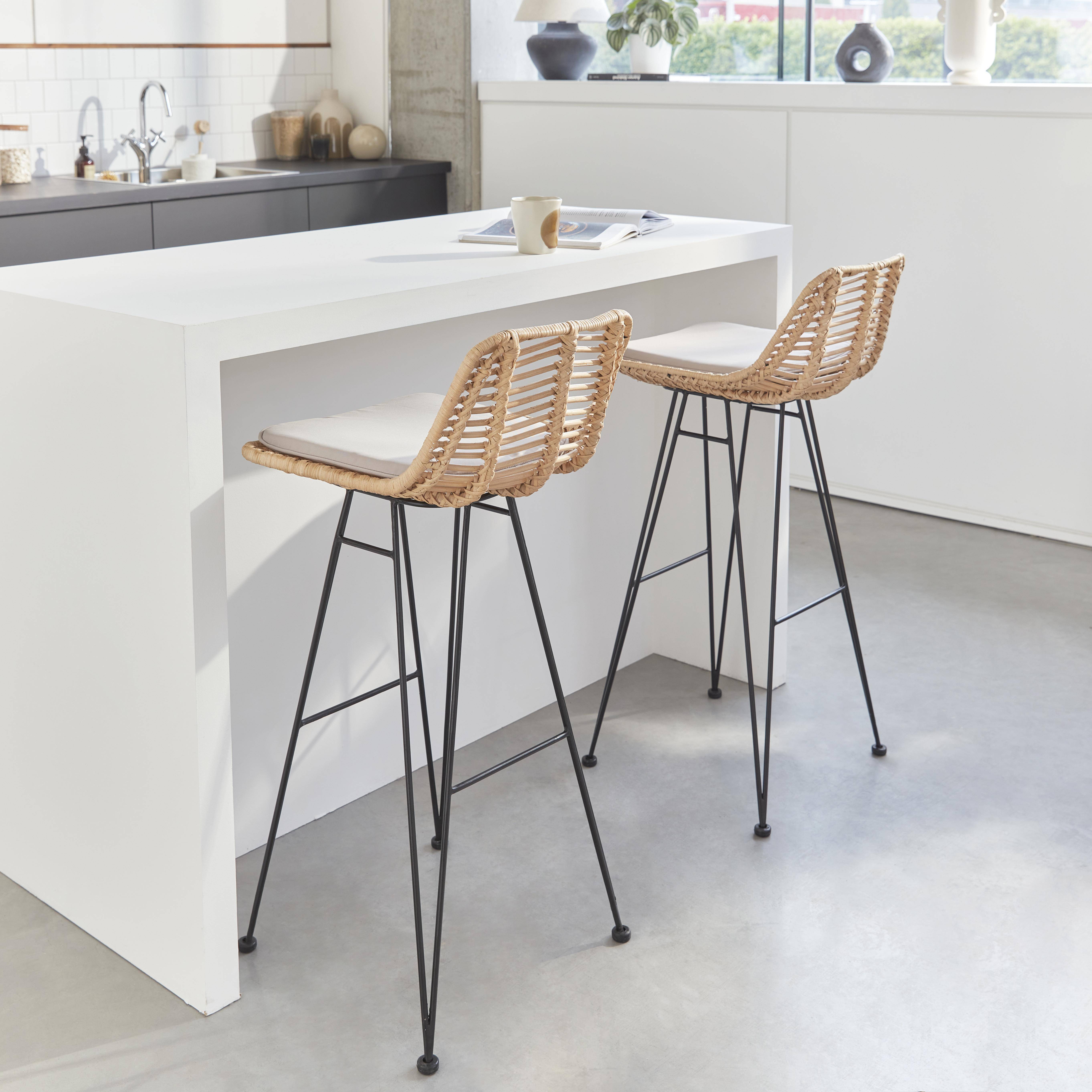 Pair of rattan bar stools 75cm, Cahya , Sand, 42x48x97 cm Photo2