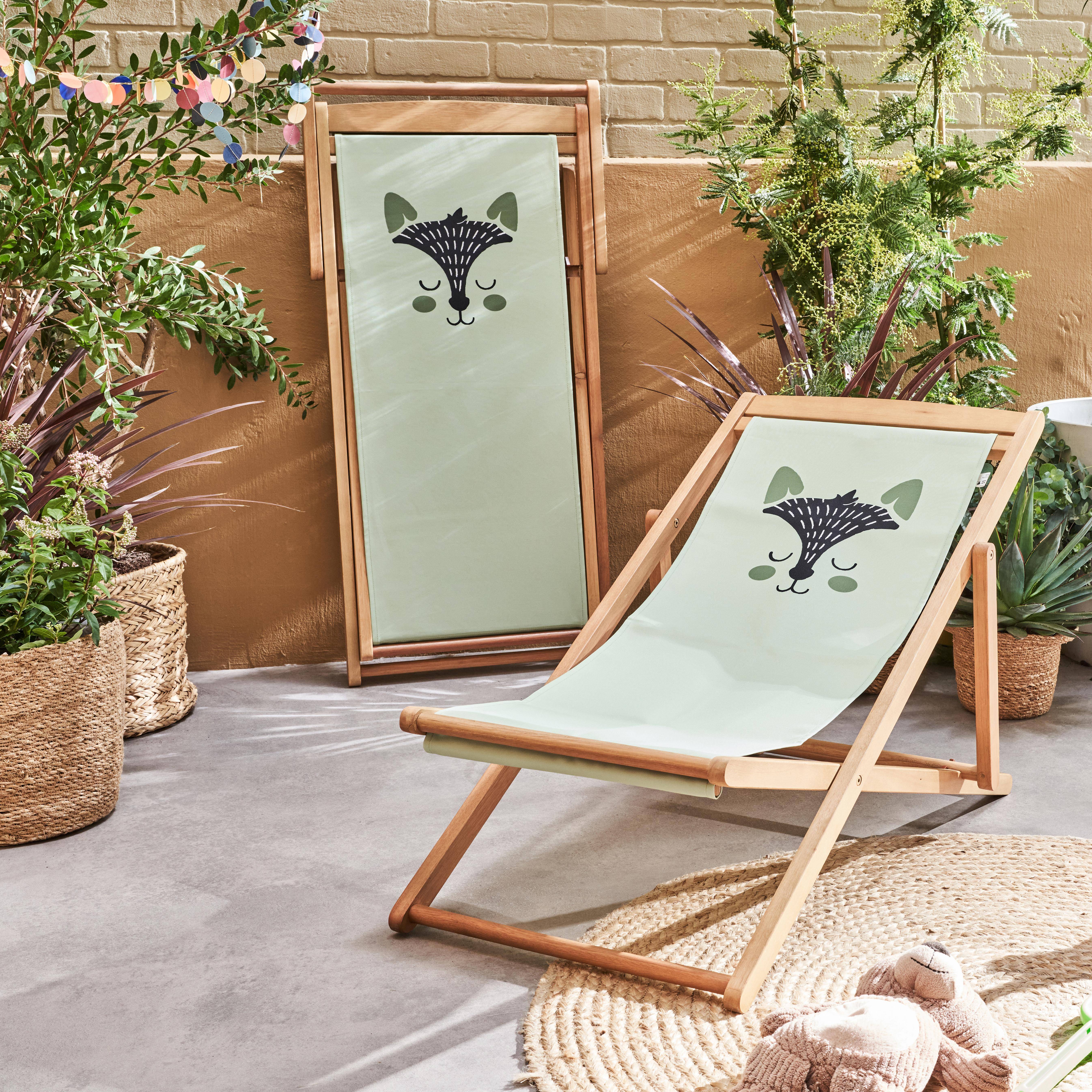 Set of 2 children's chairs in FSC eucalyptus wood, light green fabric with fox pattern Photo2
