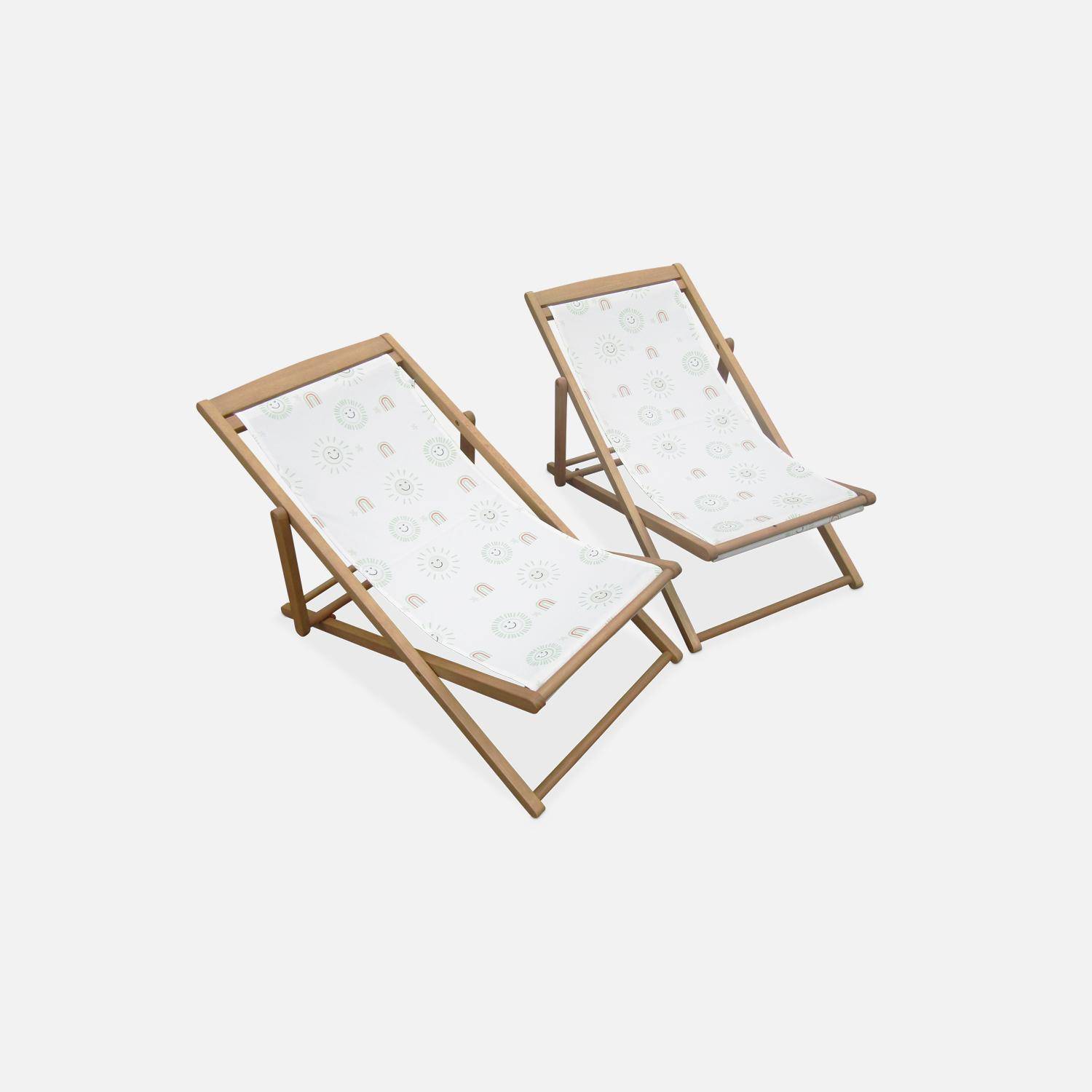 Set van 2 FSC eucalyptushouten strandstoelen voor kinderen, witte stof met zonnemotief,sweeek,Photo4