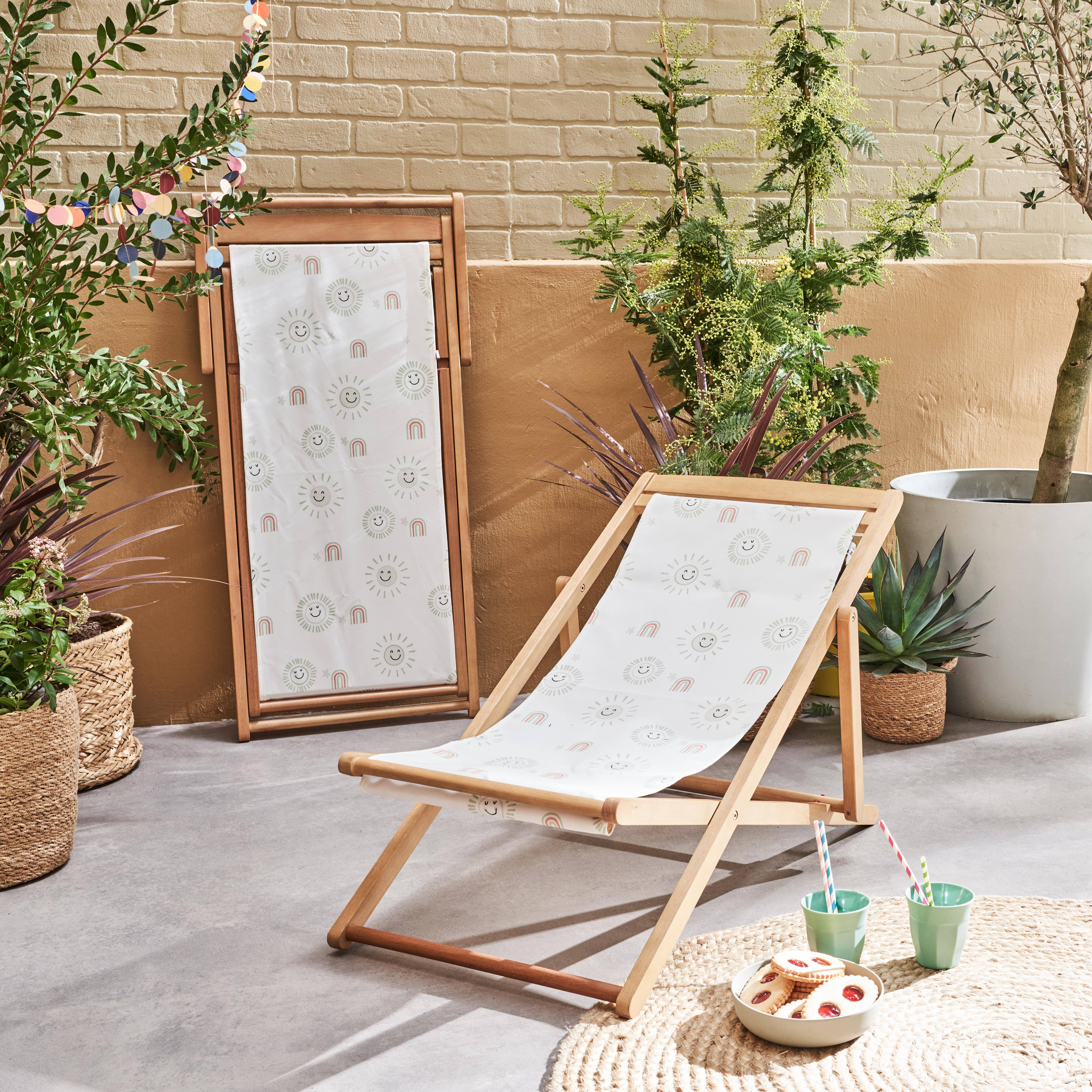 Set di 2 sedie a sdraio in legno di eucalipto FSC per bambini, tessuto bianco con motivo del sole Photo2