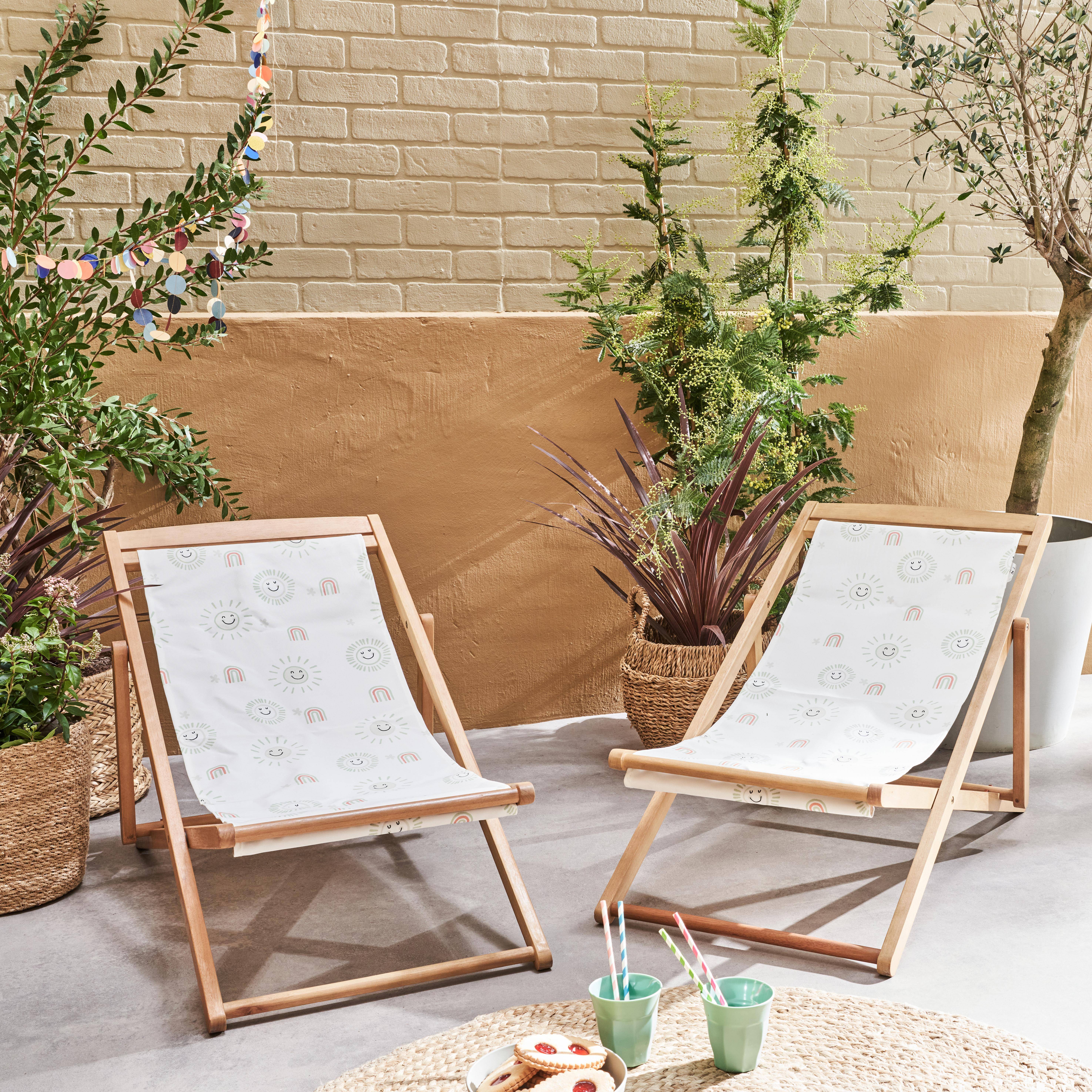 Set van 2 FSC eucalyptushouten strandstoelen voor kinderen, witte stof met zonnemotief,sweeek,Photo1
