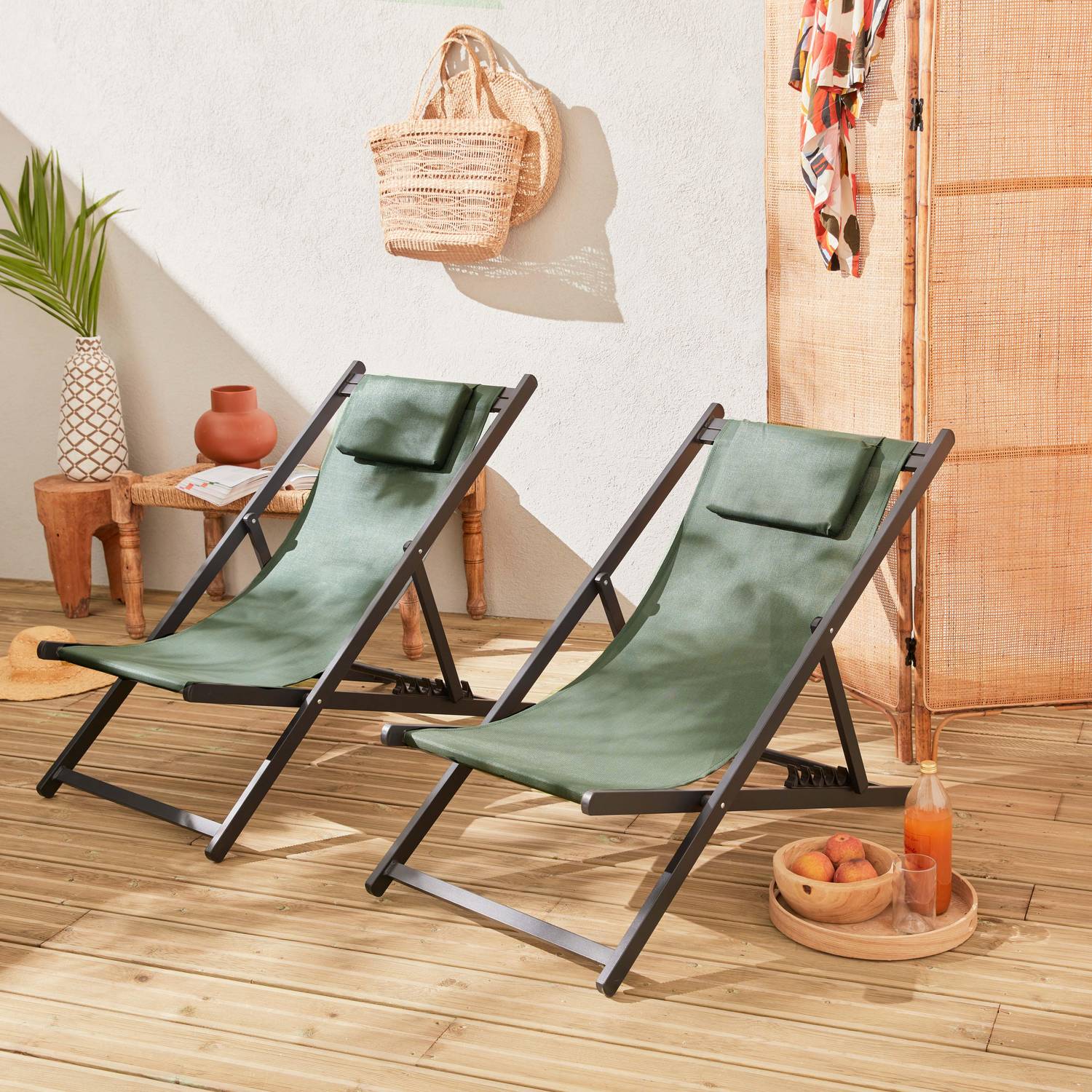 2er Set Sonnenliegen - salbeigrün - Liegestuhl aus Aluminium und Textilene mit Kopfstützenkissen, Liegesessel klappbar - Gaia  Photo1
