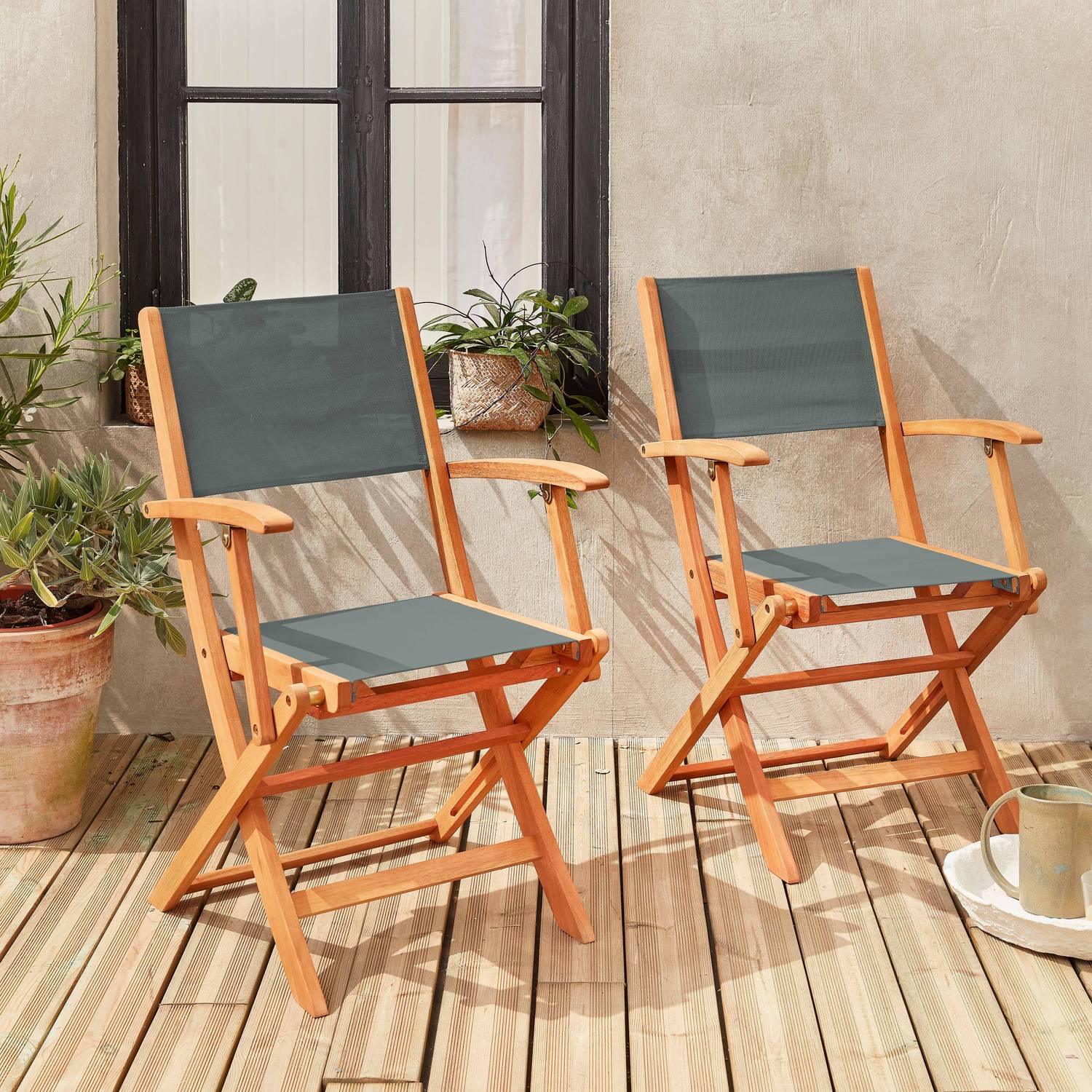 Fauteuils de jardin en bois et textilène - Almeria savane - 2 fauteuils pliants en bois d'Eucalyptus FSC huilé et textilène Photo1