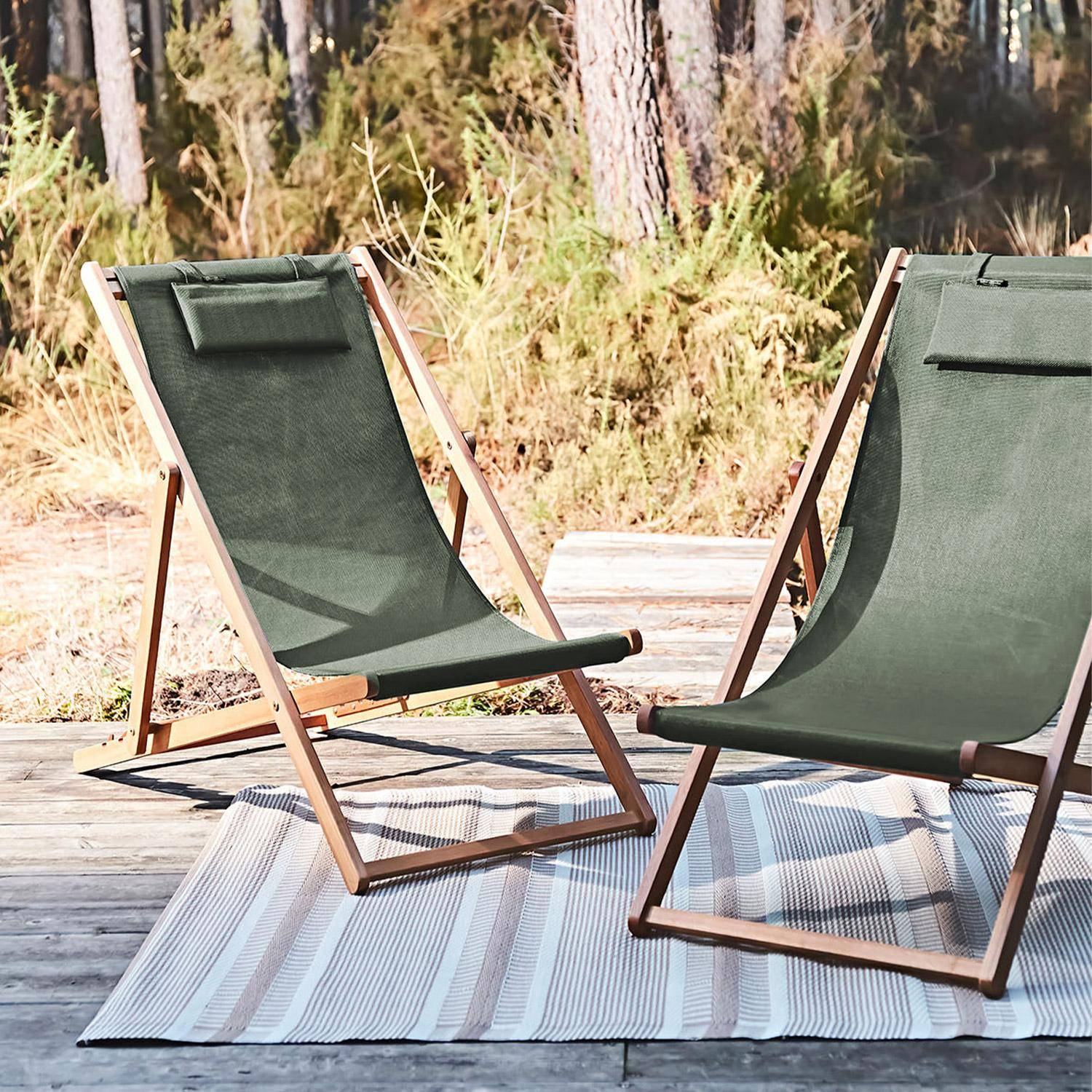 Set di sedie sdraio in legno con cusino poggiatesta, Verde kaki