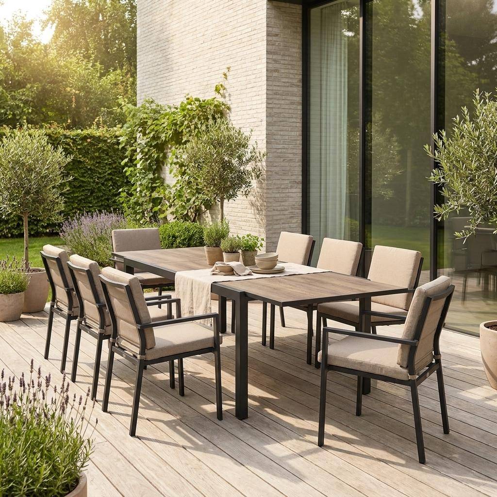 Table de jardin NASHVILLE extensible 160/240cm 8 places plateau effet bois foncé structure aluminium Photo1