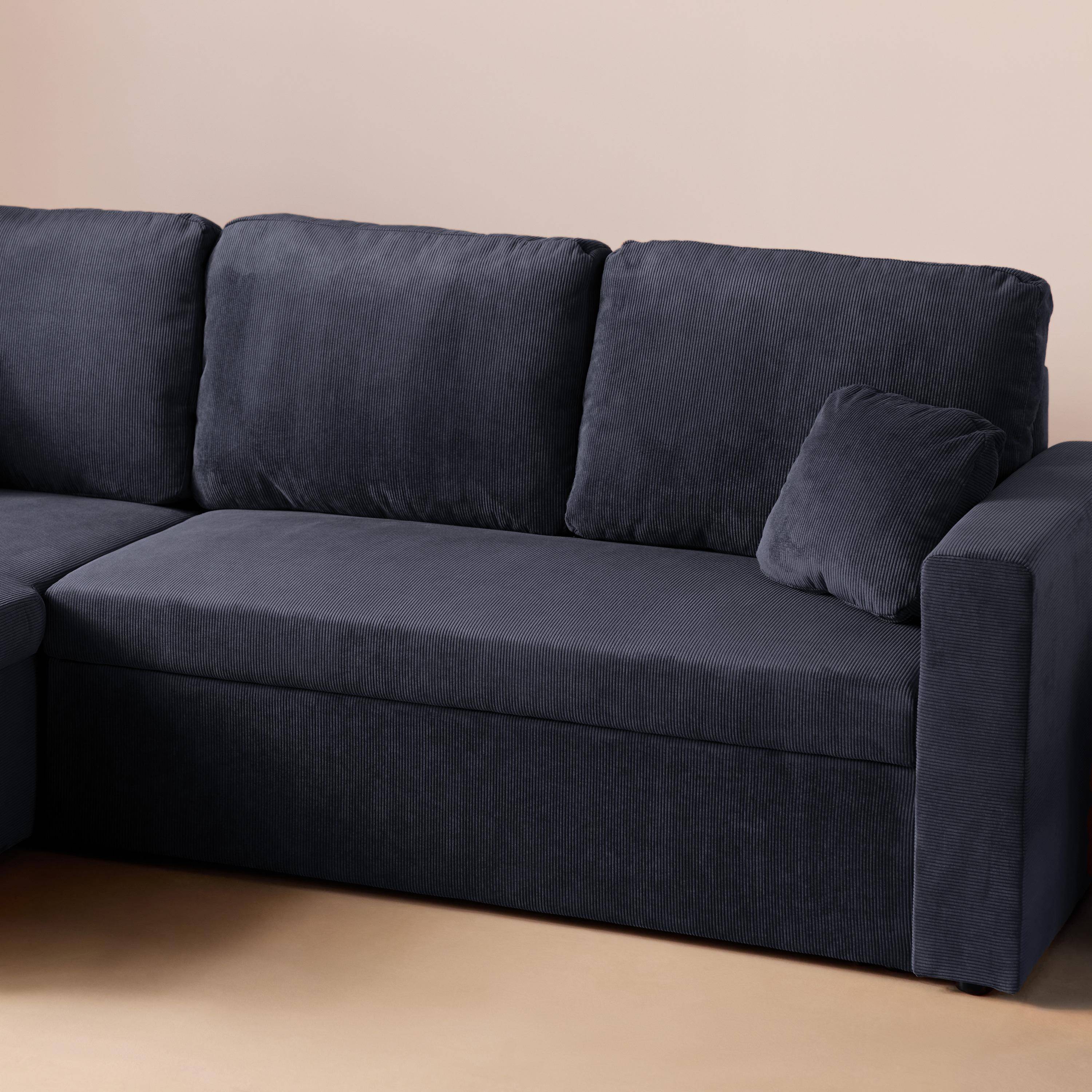 Hoekbank blauw corduroy, Ida, 3-zits, verstelbaar ligeiland, opbergbox, slaapbank Photo3
