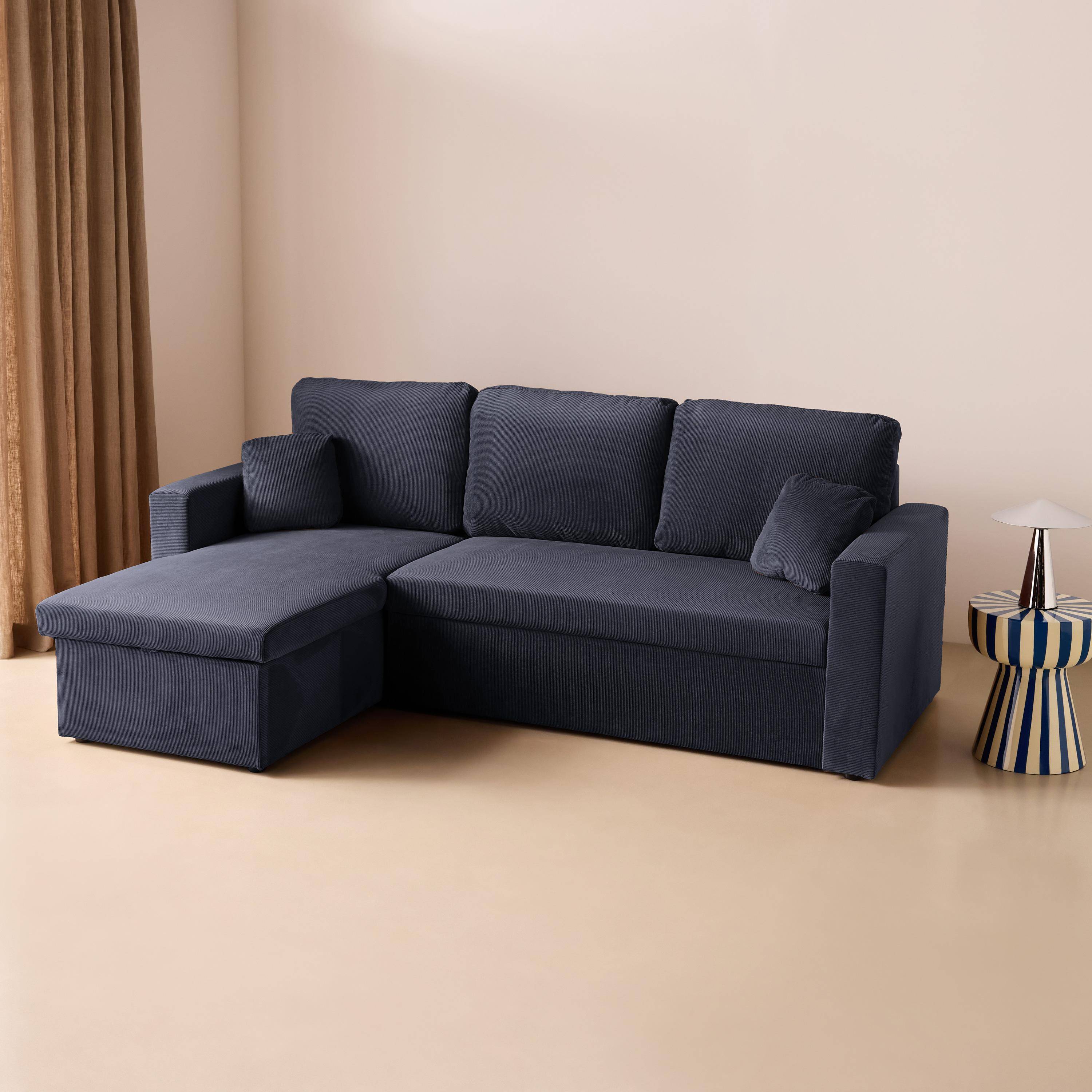 Hoekbank blauw corduroy, Ida, 3-zits, verstelbaar ligeiland, opbergbox, slaapbank,sweeek,Photo2