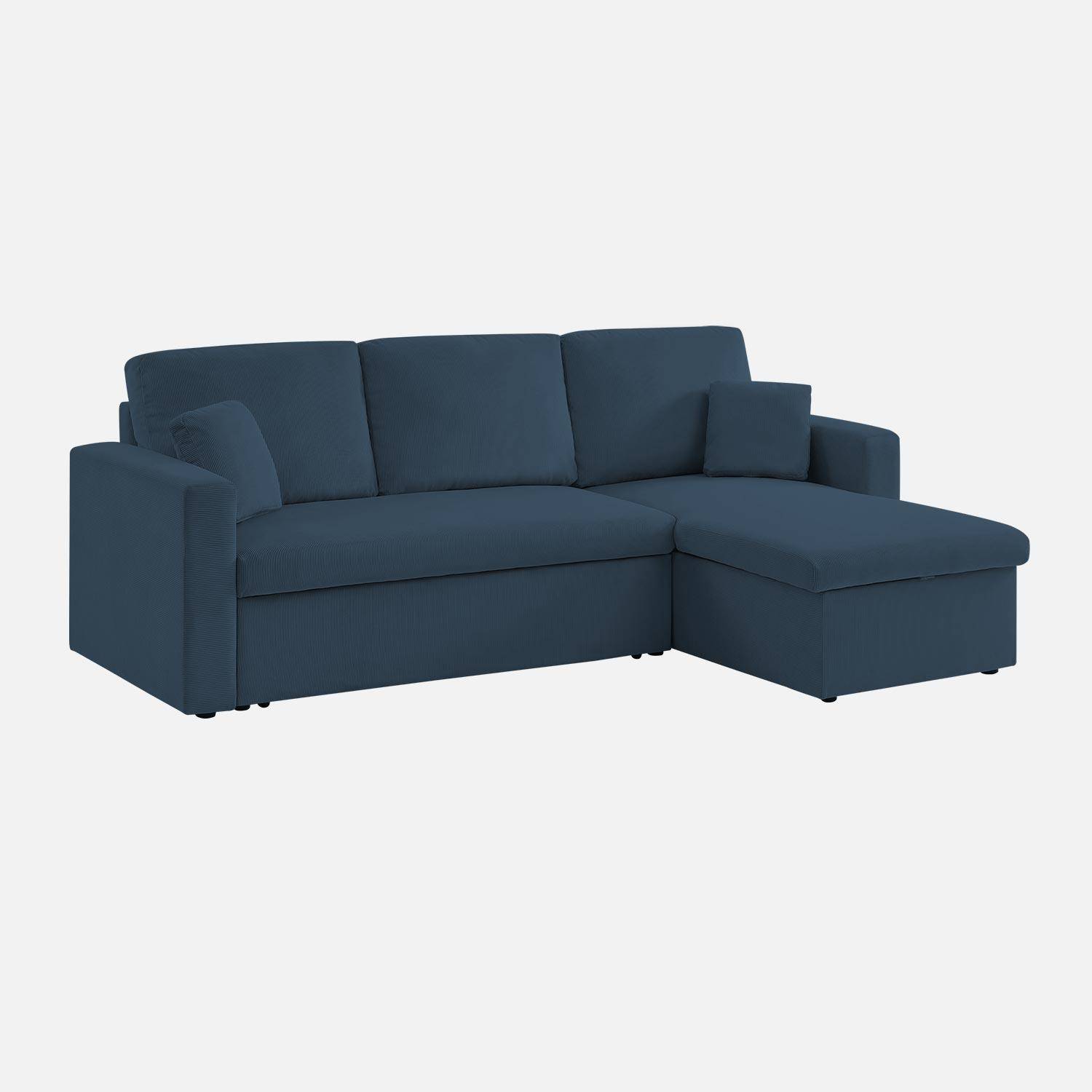 Ecksofa mit blauem Cordbezug und Schlaffunktion - IDA - 3-Sitzer, beidseitig verwendbare Recamiere, Bettkasten Photo4