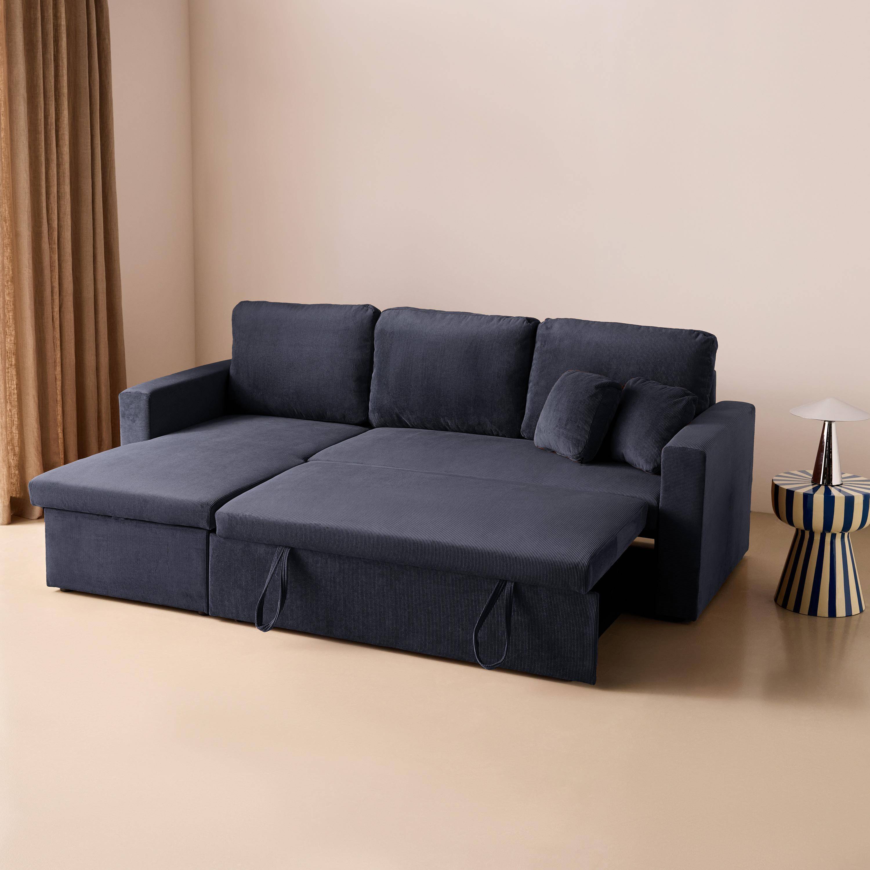 Hoekbank blauw corduroy, Ida, 3-zits, verstelbaar ligeiland, opbergbox, slaapbank Photo5