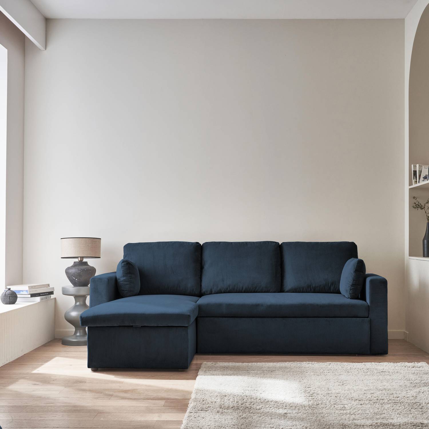 Ecksofa mit blauem Cordbezug und Schlaffunktion - IDA - 3-Sitzer, beidseitig verwendbare Recamiere, Bettkasten Photo1