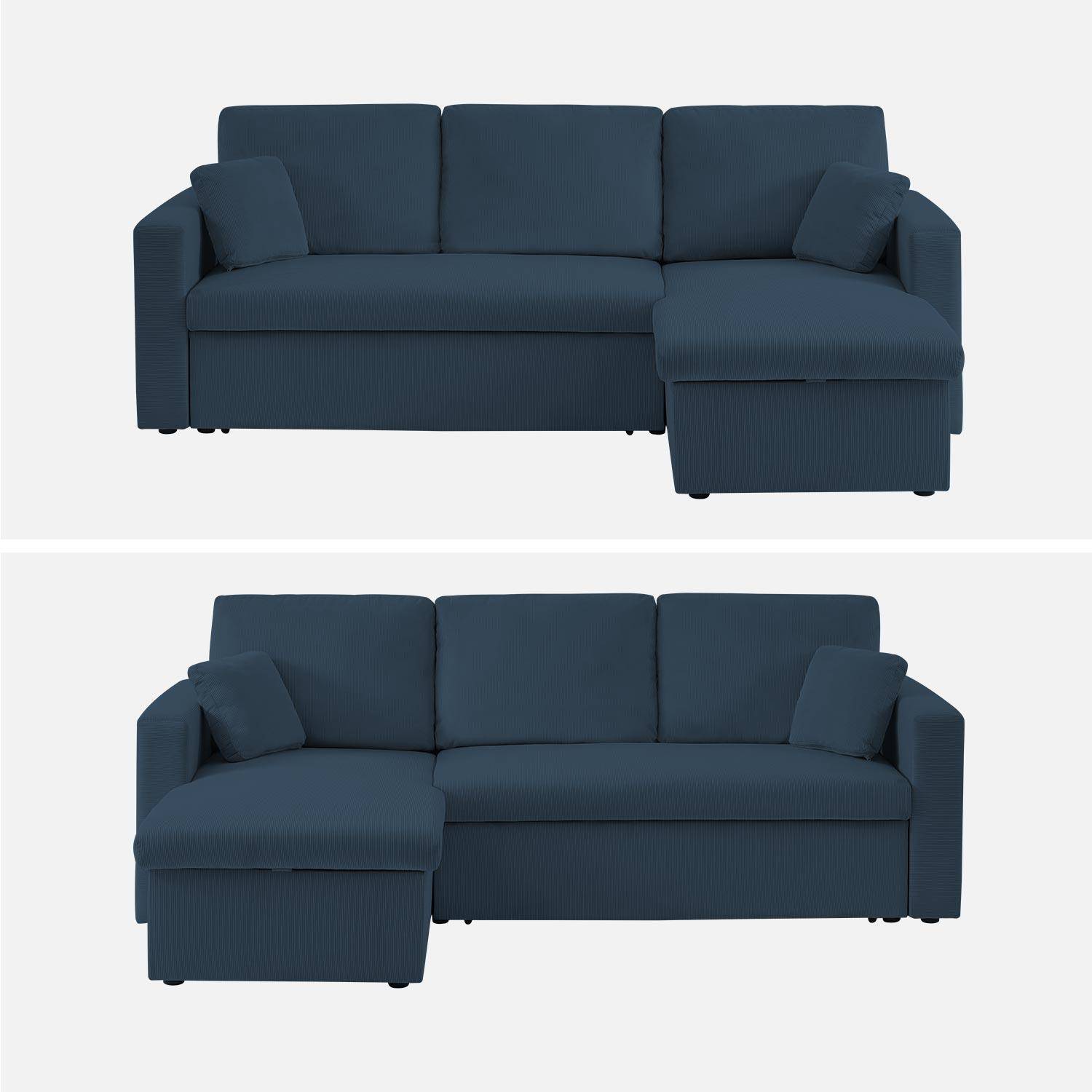 Canapé d'angle convertible en velours côtelé bleu - IDA - 3 places, fauteuil d'angle réversible coffre rangement lit modulable  Photo5