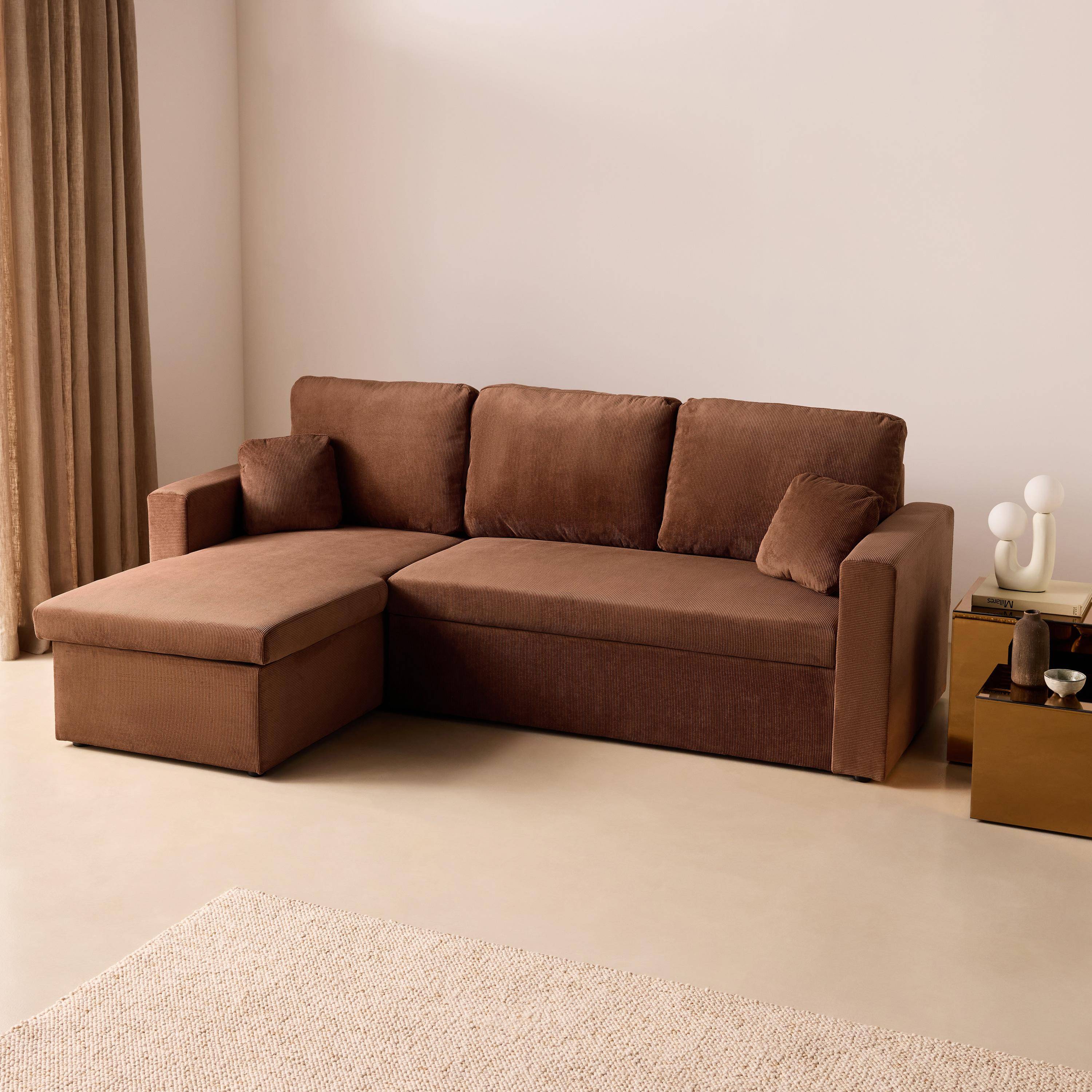 Canapé d'angle convertible en velours côtelé rouille - IDA - 3 places, fauteuil d'angle réversible coffre rangement lit modulable  Photo2