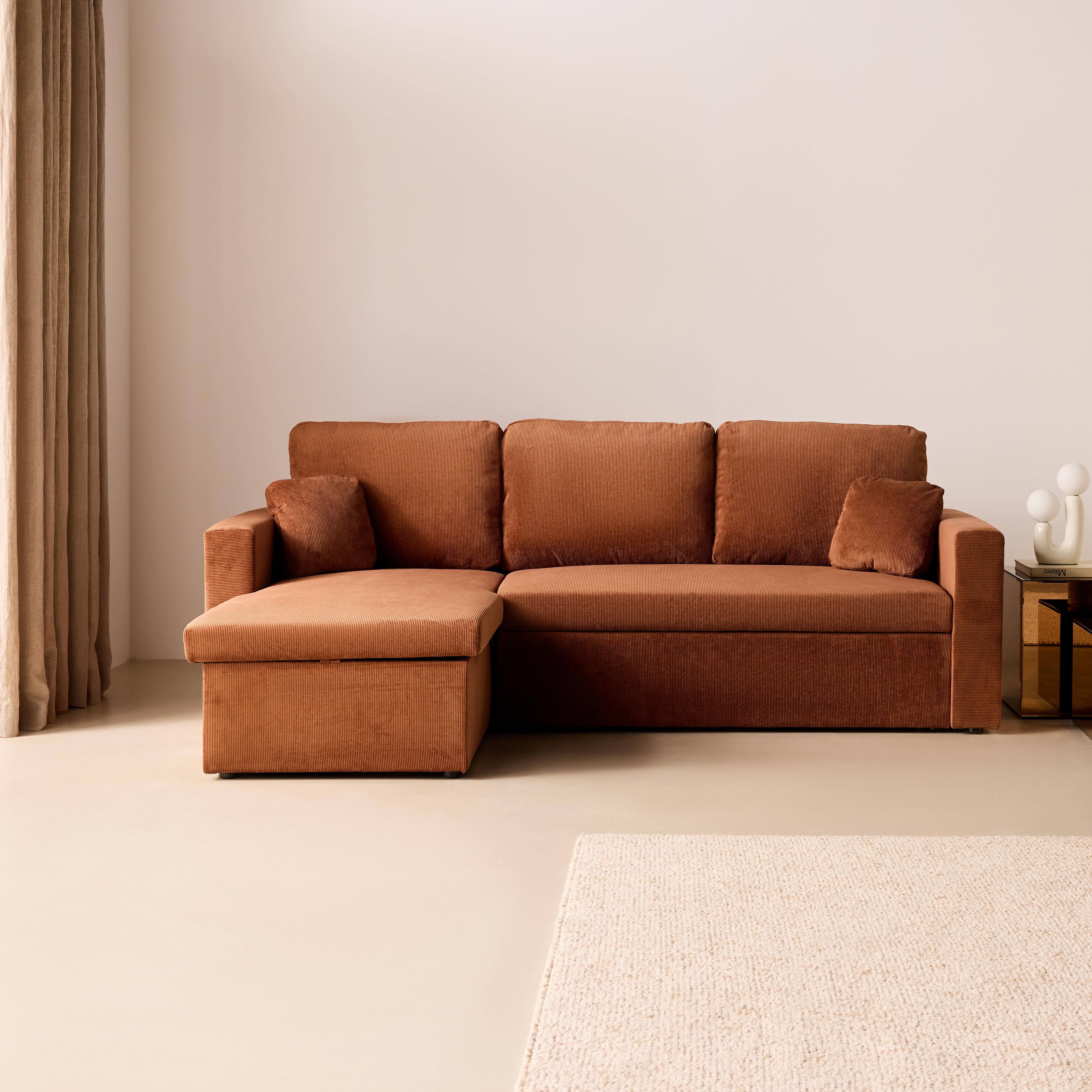 Canapé d'angle convertible en velours côtelé rouille - IDA - 3 places, fauteuil d'angle réversible coffre rangement lit modulable  Photo1