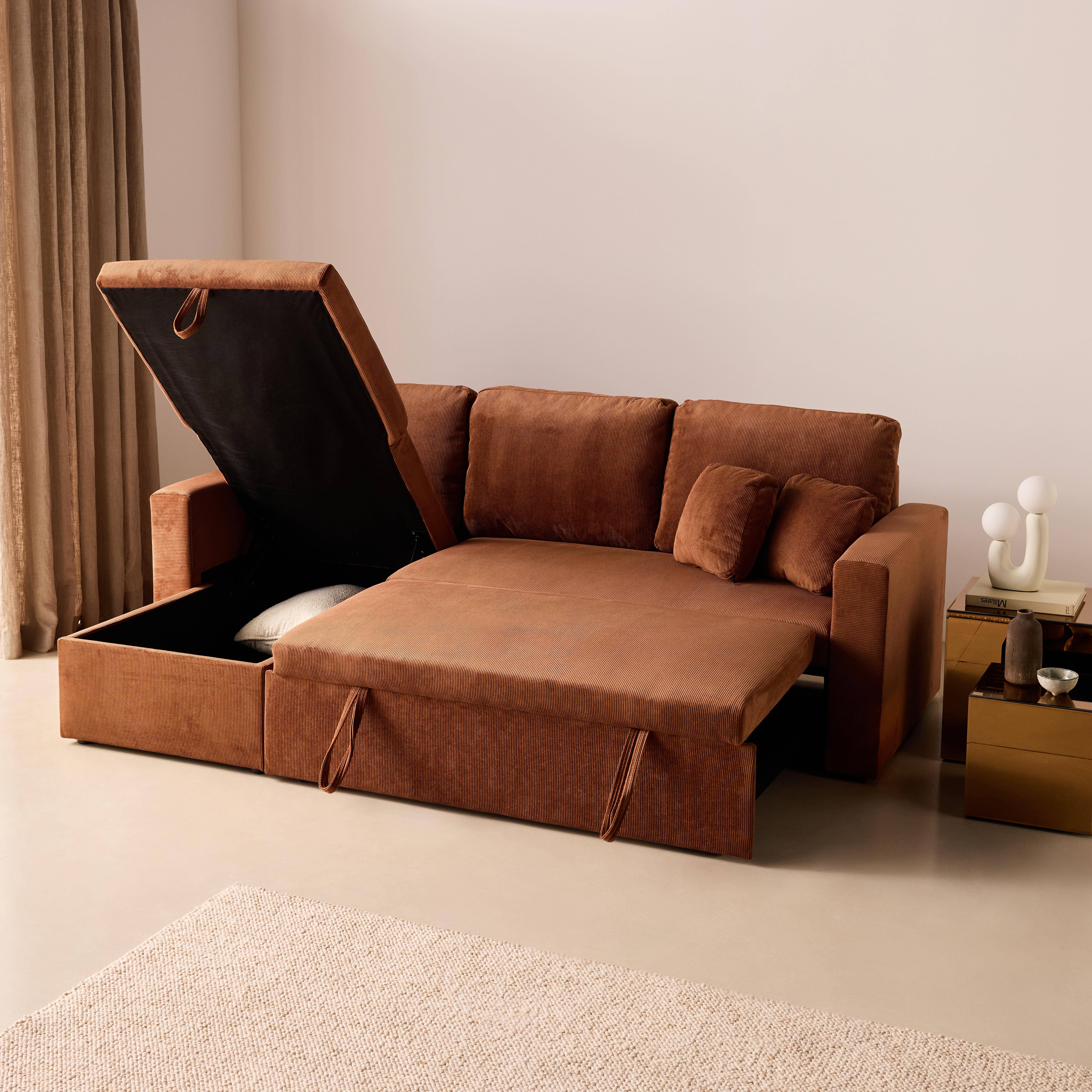 Canapé d'angle convertible en velours côtelé rouille - IDA - 3 places, fauteuil d'angle réversible coffre rangement lit modulable  Photo7