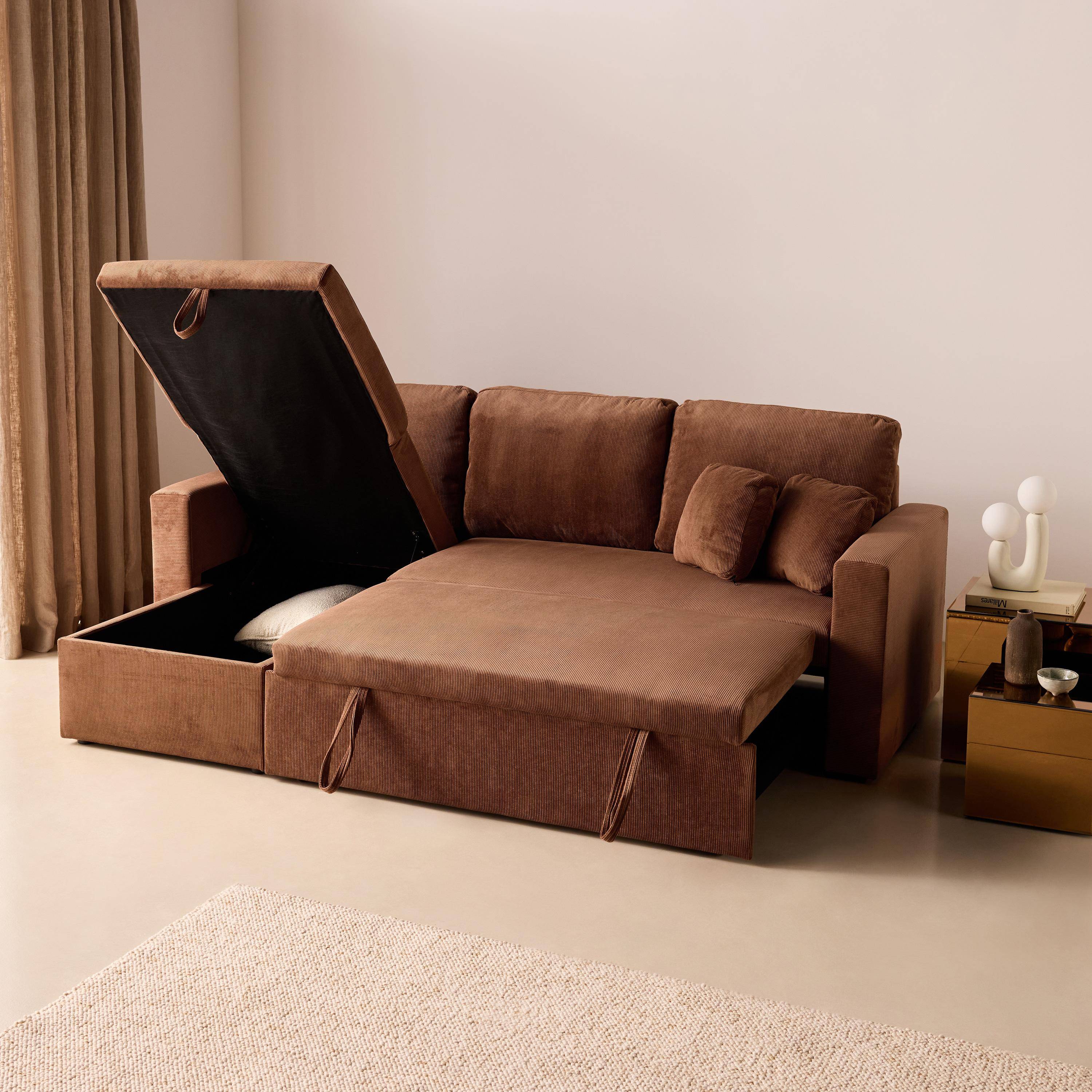 Canapé d'angle convertible en velours côtelé rouille - IDA - 3 places, fauteuil d'angle réversible coffre rangement lit modulable  Photo6
