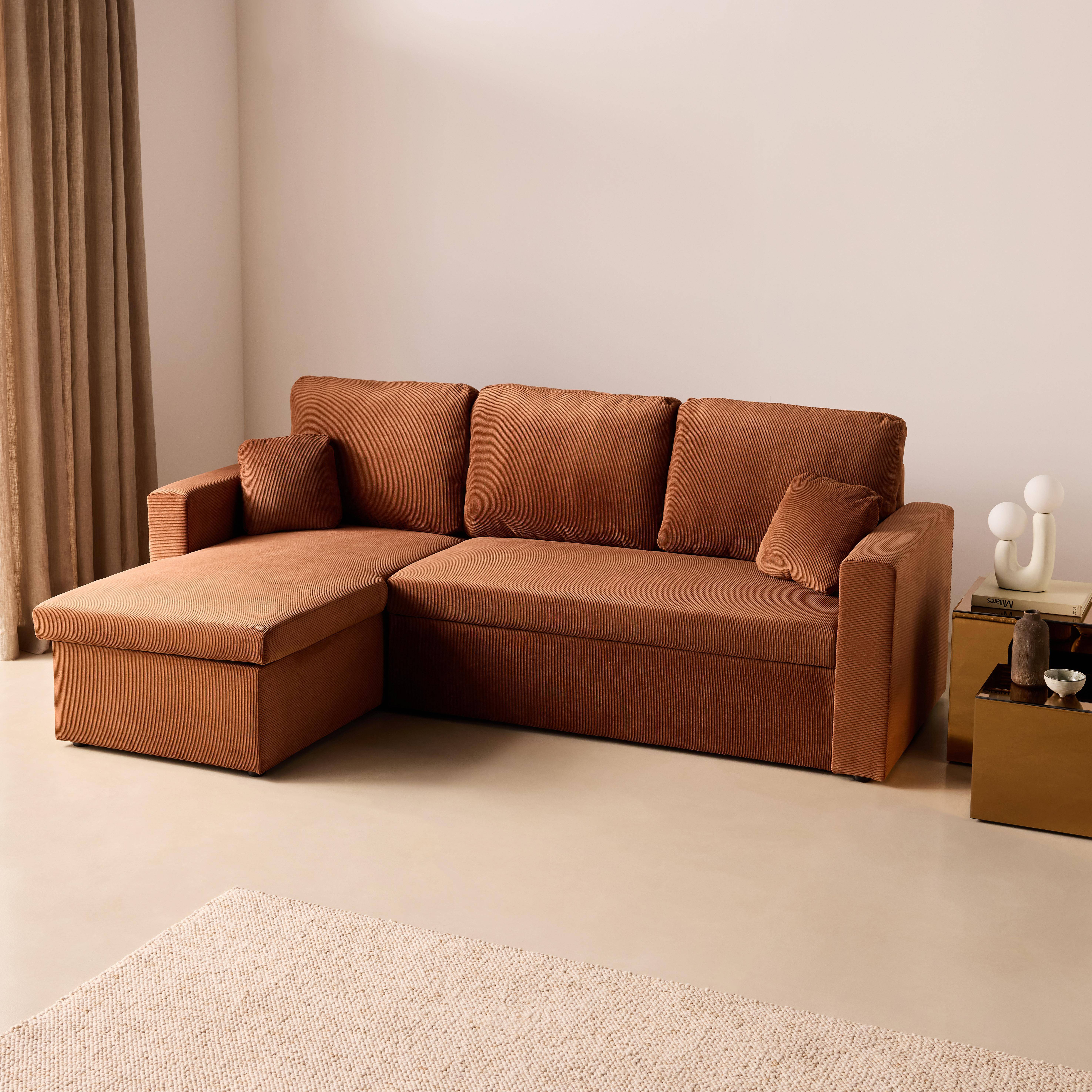 Canapé d'angle convertible en velours côtelé rouille - IDA - 3 places, fauteuil d'angle réversible coffre rangement lit modulable ,sweeek,Photo2