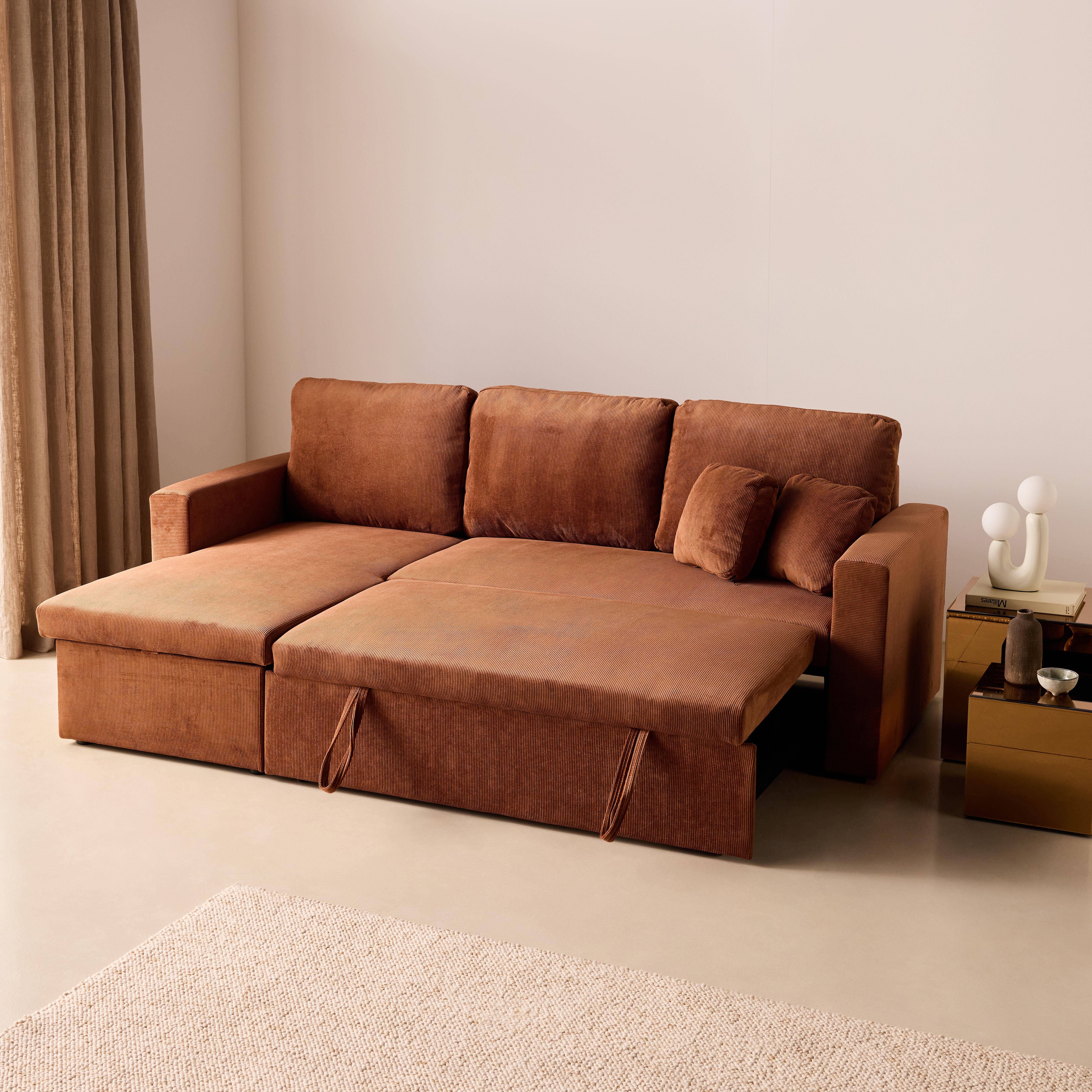 Canapé d'angle convertible en velours côtelé rouille - IDA - 3 places, fauteuil d'angle réversible coffre rangement lit modulable  Photo6