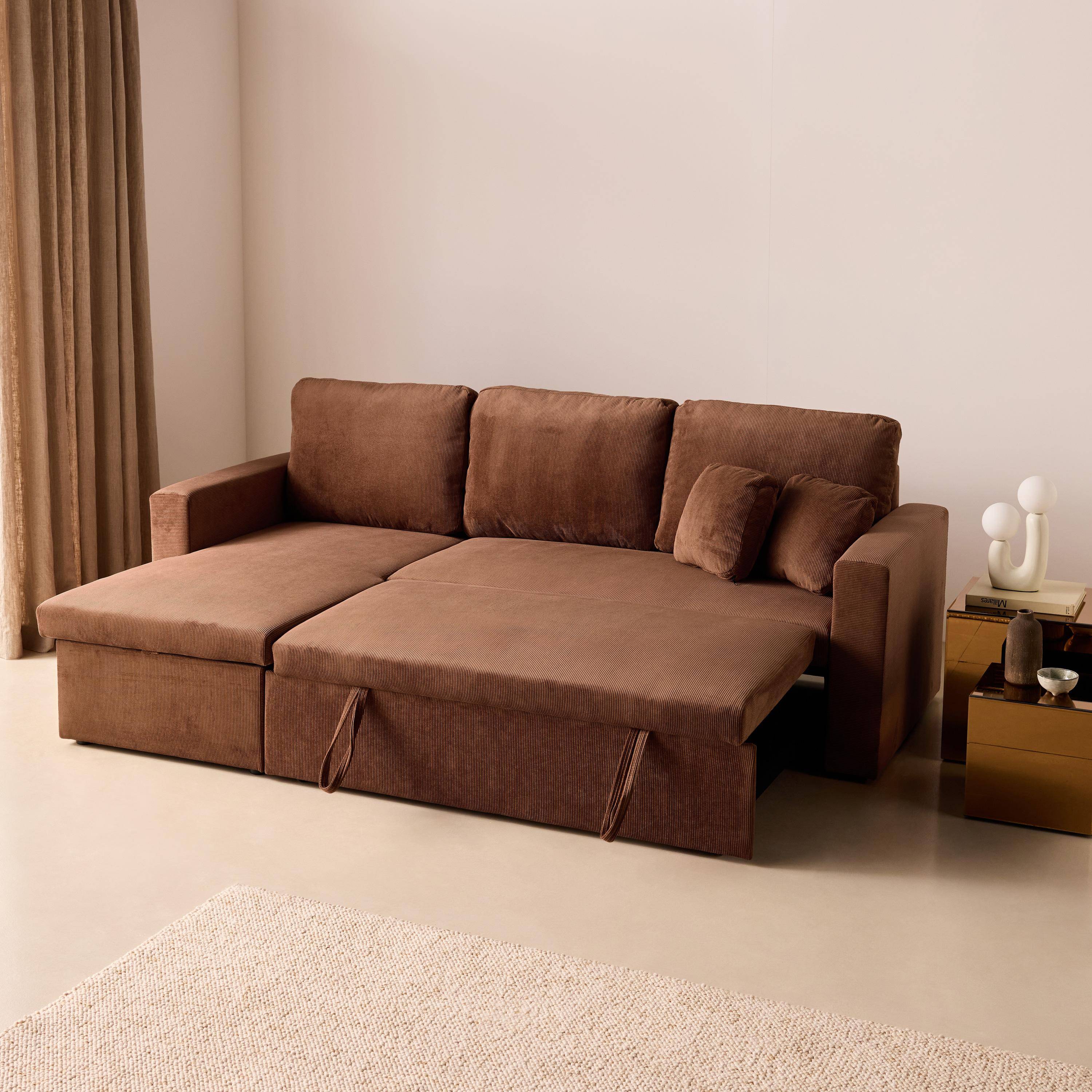 Canapé d'angle convertible en velours côtelé rouille - IDA - 3 places, fauteuil d'angle réversible coffre rangement lit modulable  Photo5