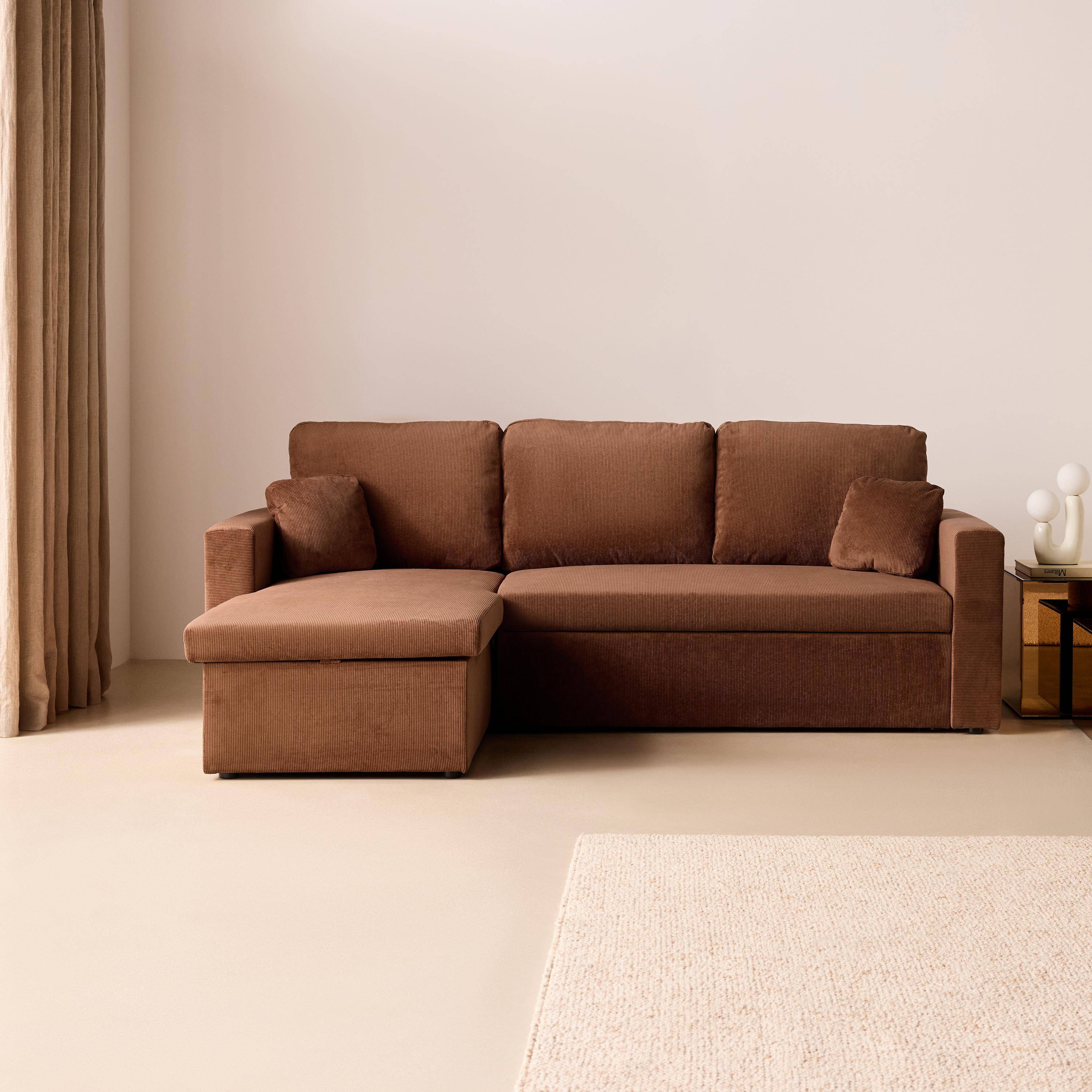 Canapé d'angle convertible en velours côtelé rouille - IDA - 3 places, fauteuil d'angle réversible coffre rangement lit modulable  Photo1