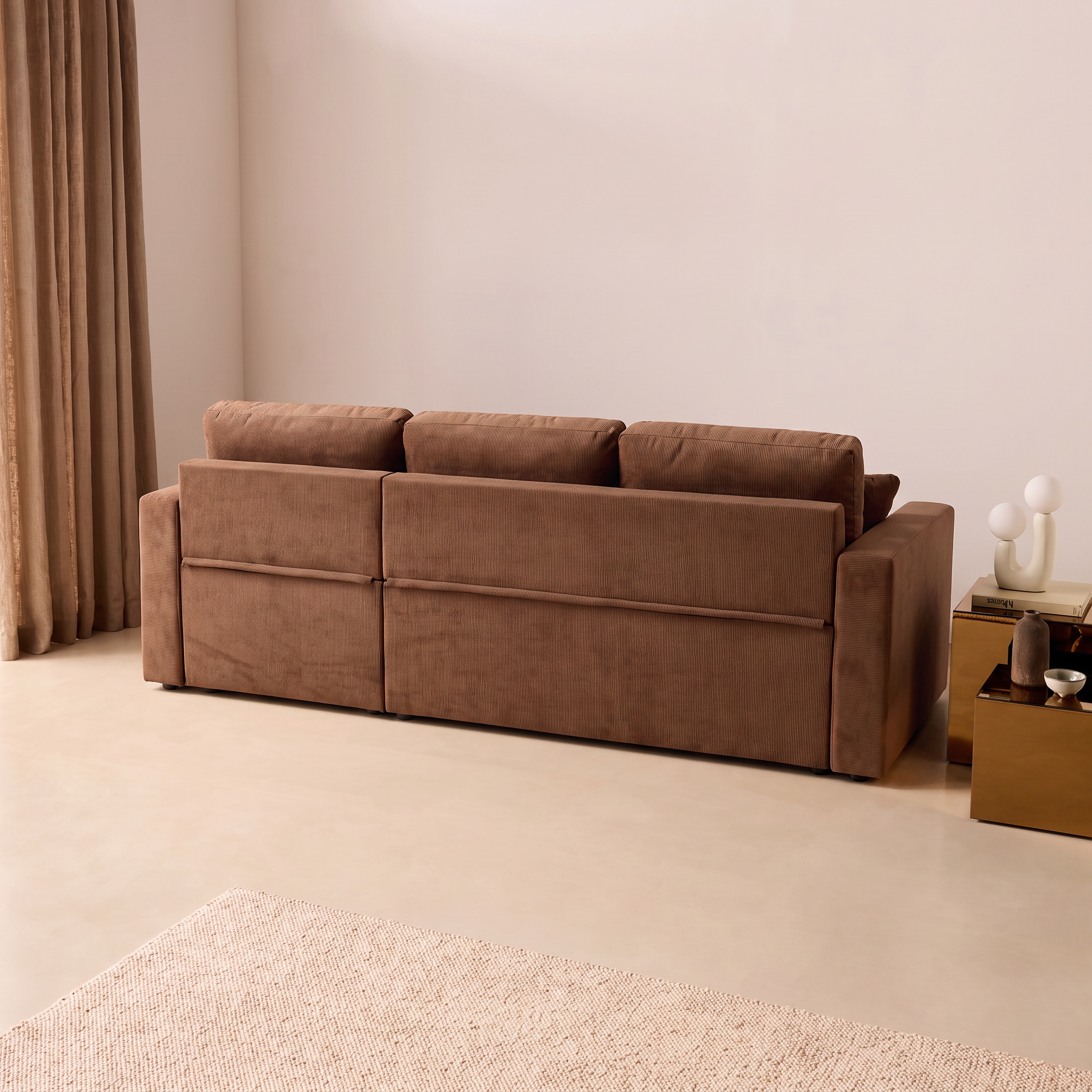 Canapé d'angle convertible en velours côtelé rouille - IDA - 3 places, fauteuil d'angle réversible coffre rangement lit modulable ,sweeek,Photo7