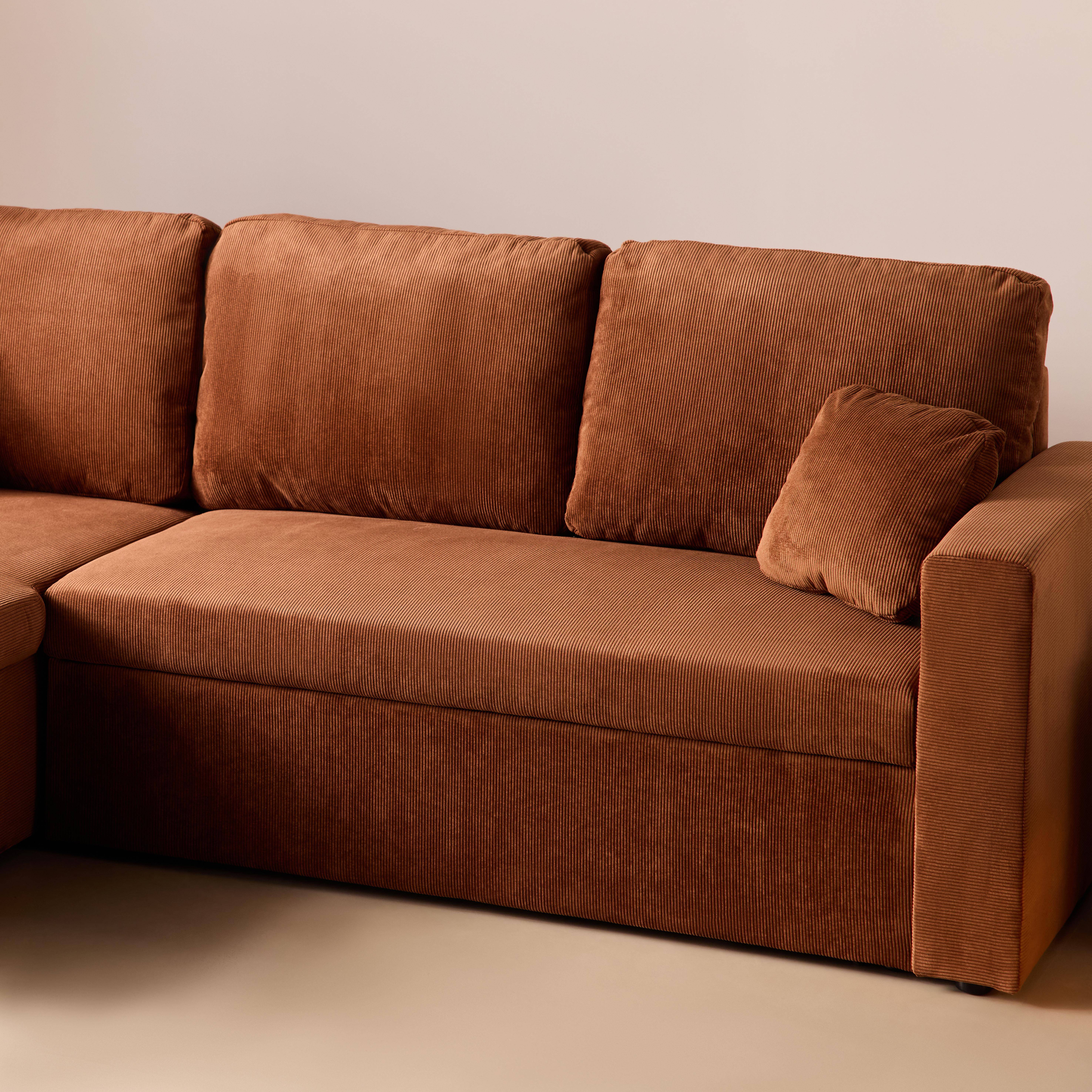 Canapé d'angle convertible en velours côtelé rouille - IDA - 3 places, fauteuil d'angle réversible coffre rangement lit modulable ,sweeek,Photo3