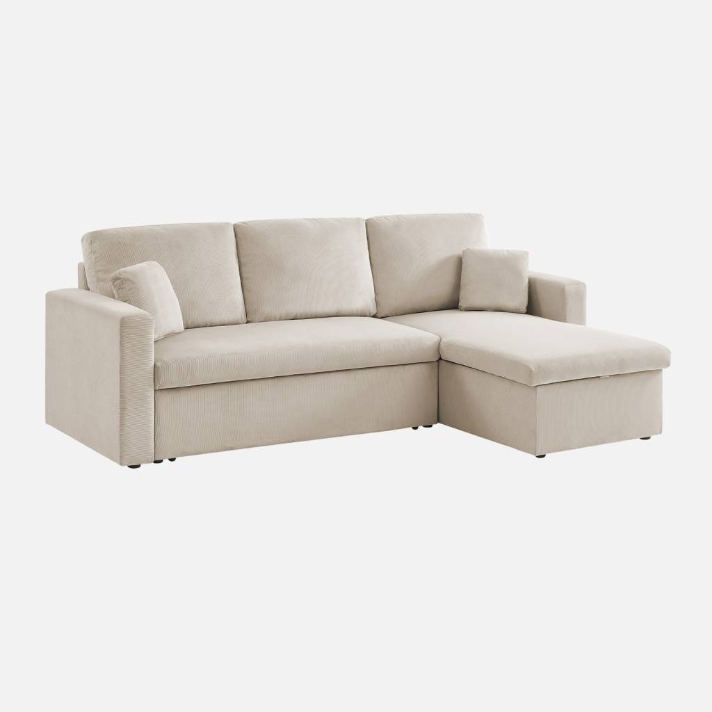 Sofá-cama de canto em veludo canelado, 3 lugares, Bege cinzento