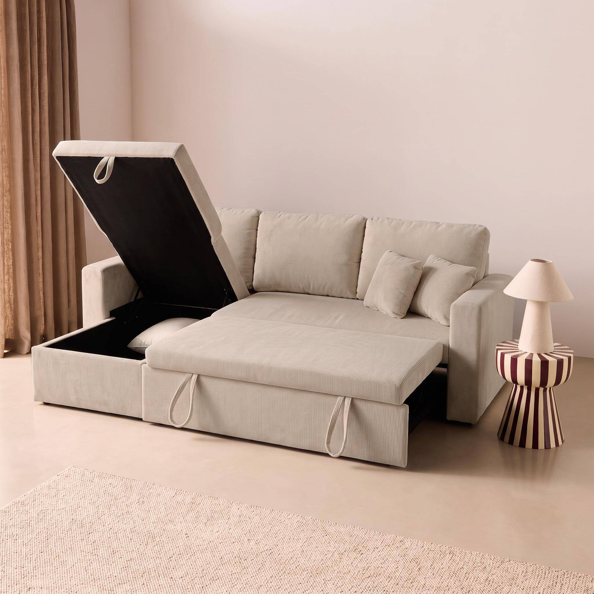 Ecksofa mit beigegrauem Cordbezug und Schlaffunktion - IDA - 3-Sitzer, beidseitig verwendbare Recamiere, Bettkasten Photo6
