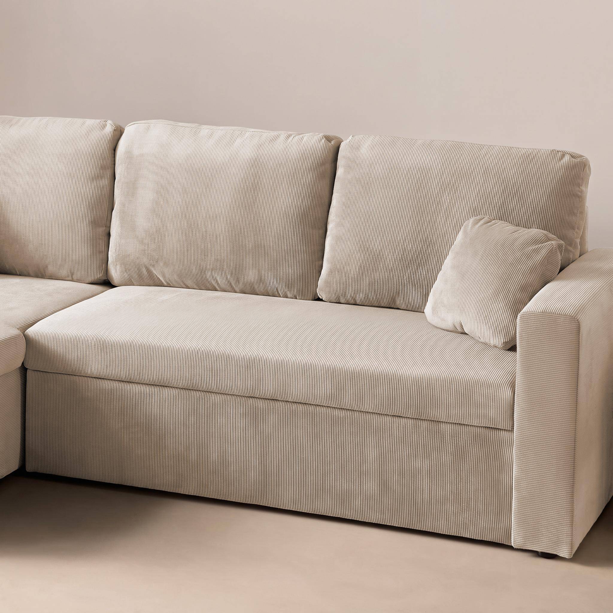 Ecksofa mit beigegrauem Cordbezug und Schlaffunktion - IDA - 3-Sitzer, beidseitig verwendbare Recamiere, Bettkasten Photo3