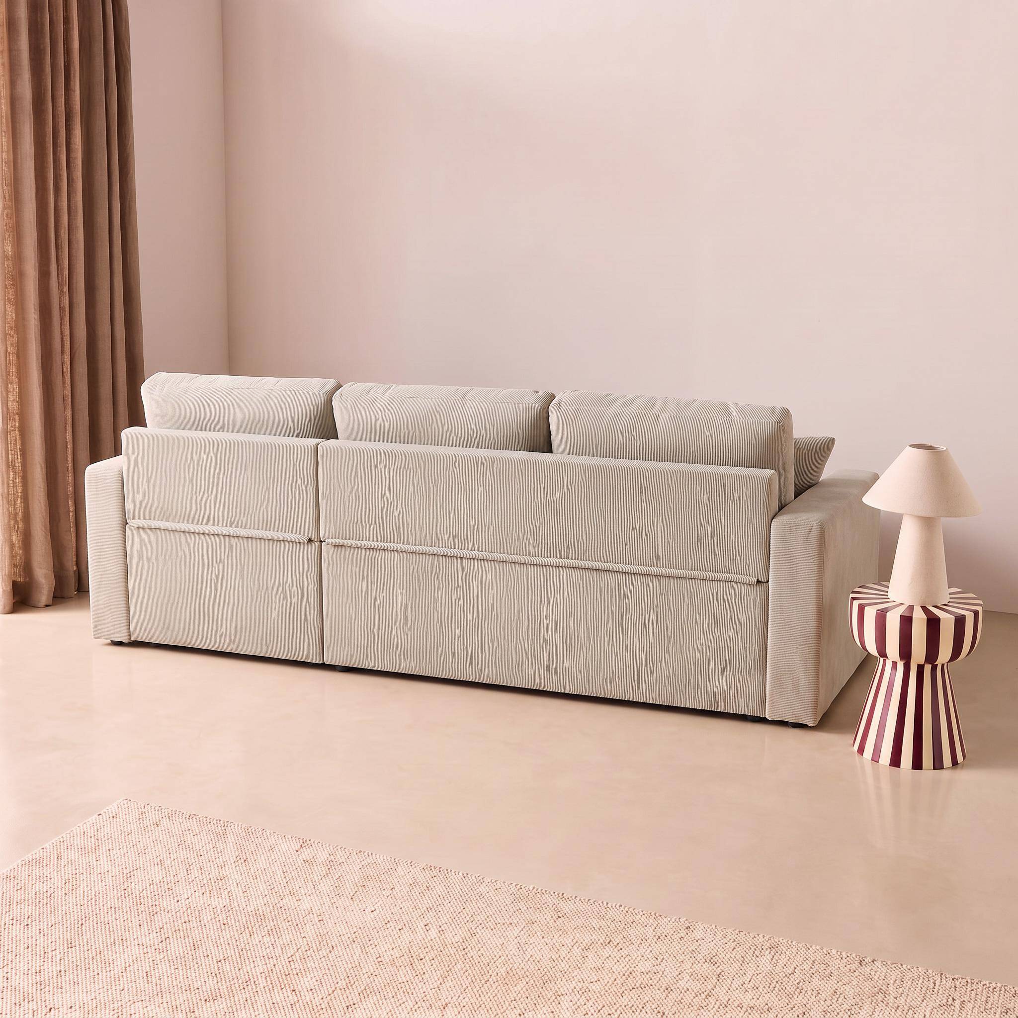 Ecksofa mit beigegrauem Cordbezug und Schlaffunktion - IDA - 3-Sitzer, beidseitig verwendbare Recamiere, Bettkasten,sweeek,Photo7