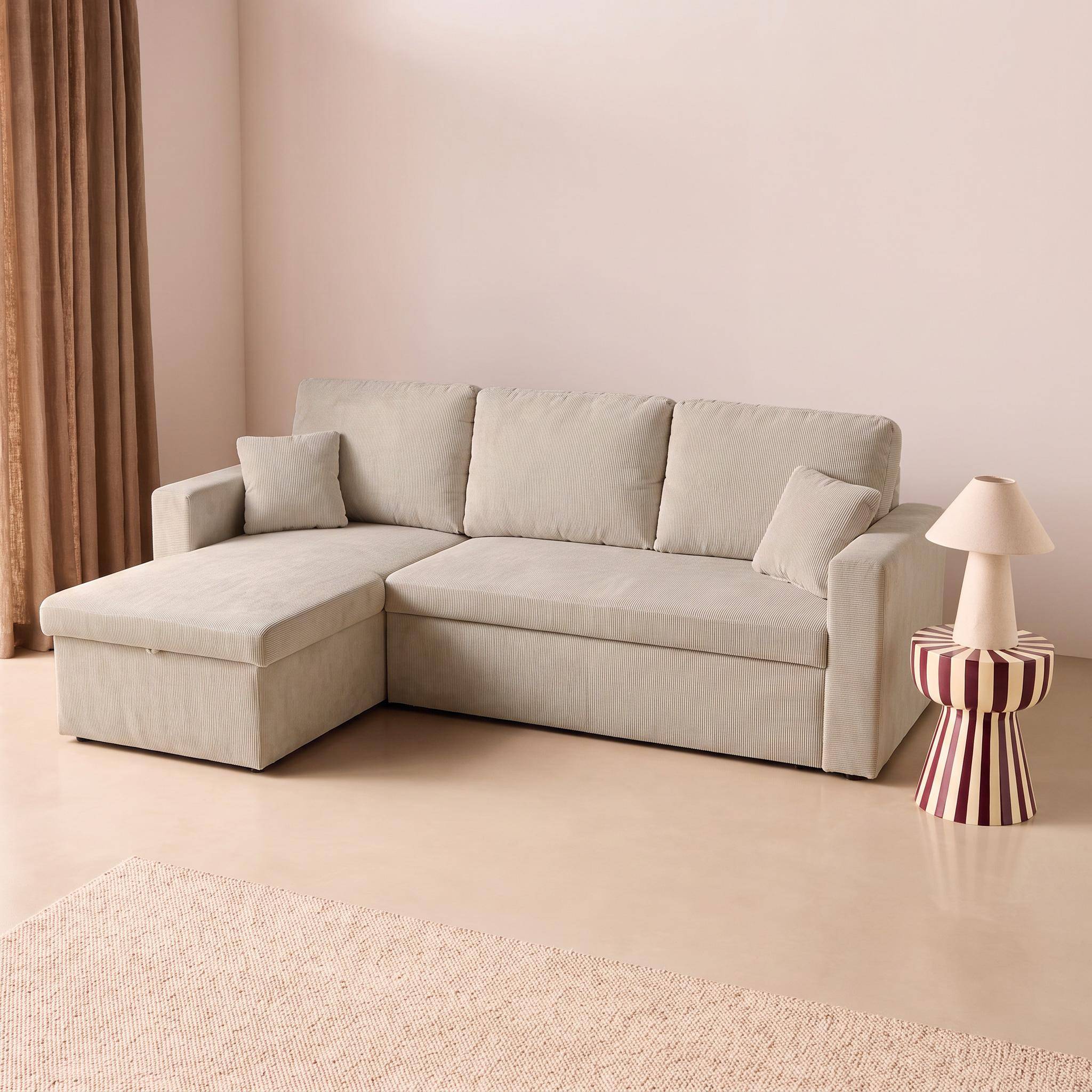 Ecksofa mit beigegrauem Cordbezug und Schlaffunktion - IDA - 3-Sitzer, beidseitig verwendbare Recamiere, Bettkasten,sweeek,Photo2