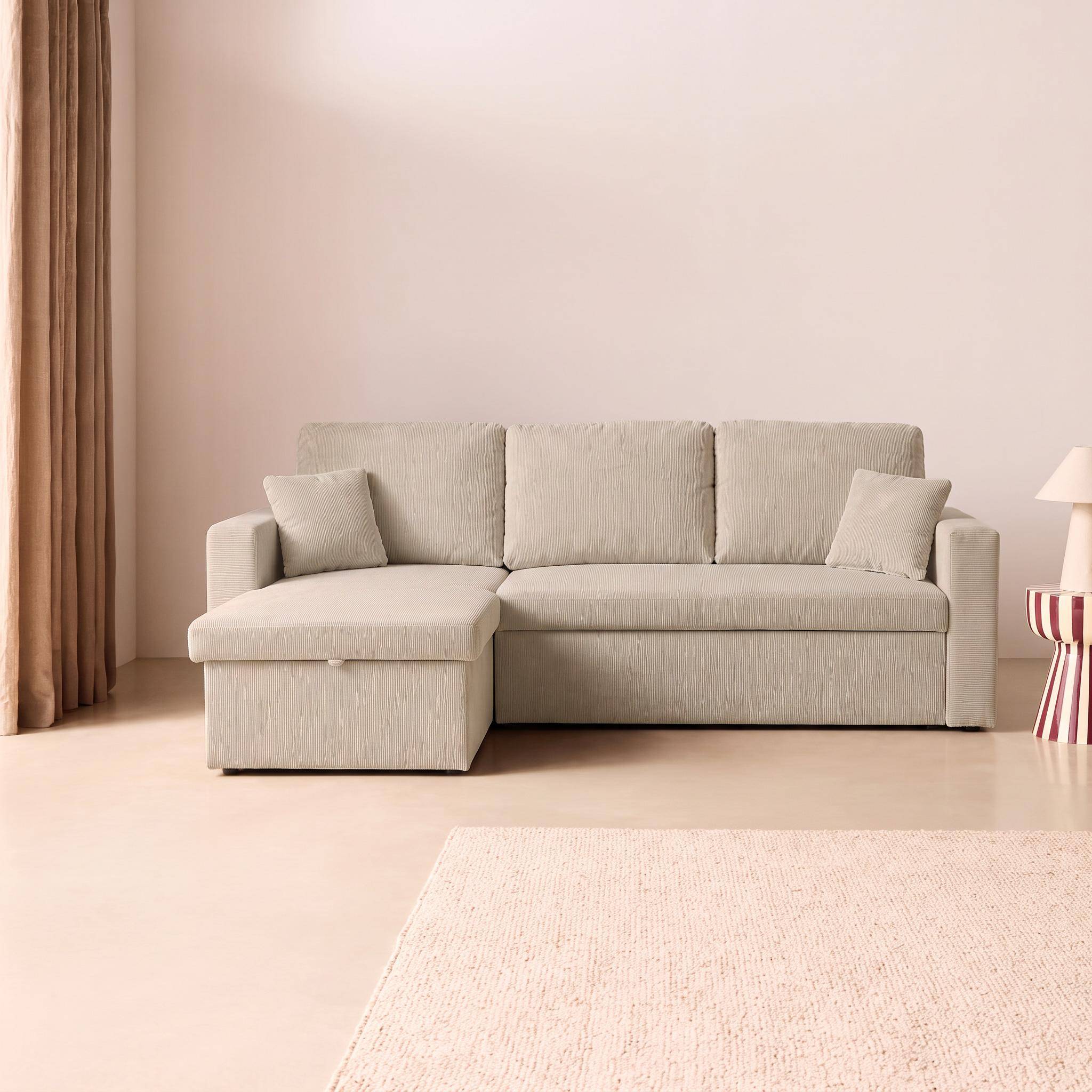Ecksofa mit beigegrauem Cordbezug und Schlaffunktion - IDA - 3-Sitzer, beidseitig verwendbare Recamiere, Bettkasten Photo1