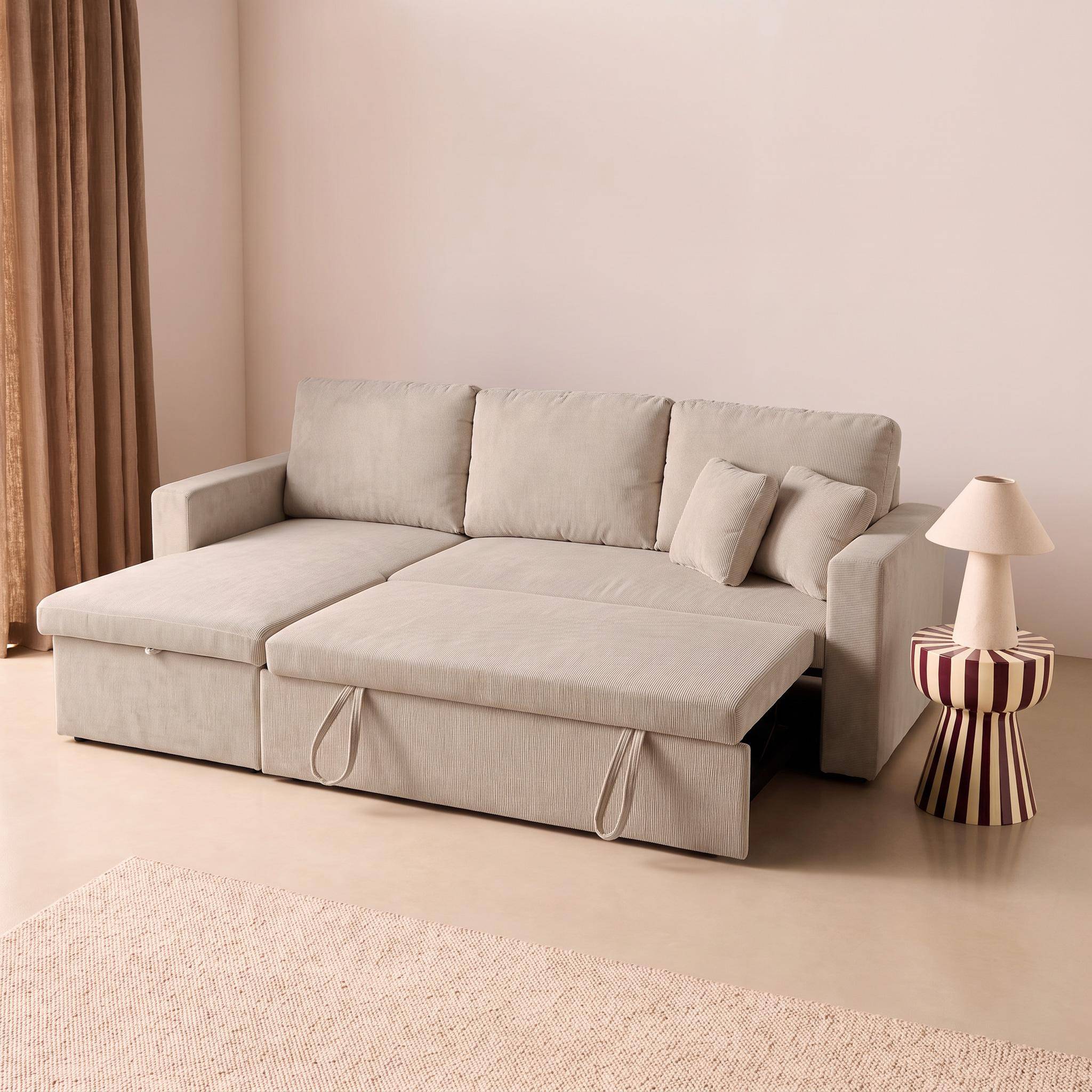 Ecksofa mit beigegrauem Cordbezug und Schlaffunktion - IDA - 3-Sitzer, beidseitig verwendbare Recamiere, Bettkasten,sweeek,Photo5