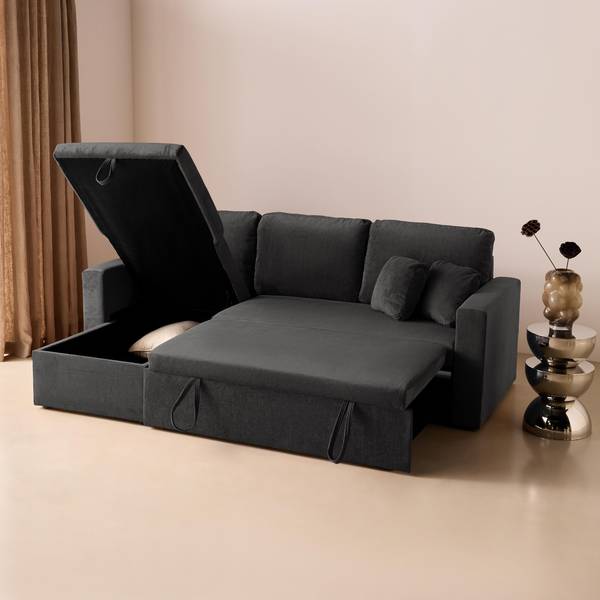 Ecksofa mit dunkelgrauem Cordbezug und Schlaffunktion