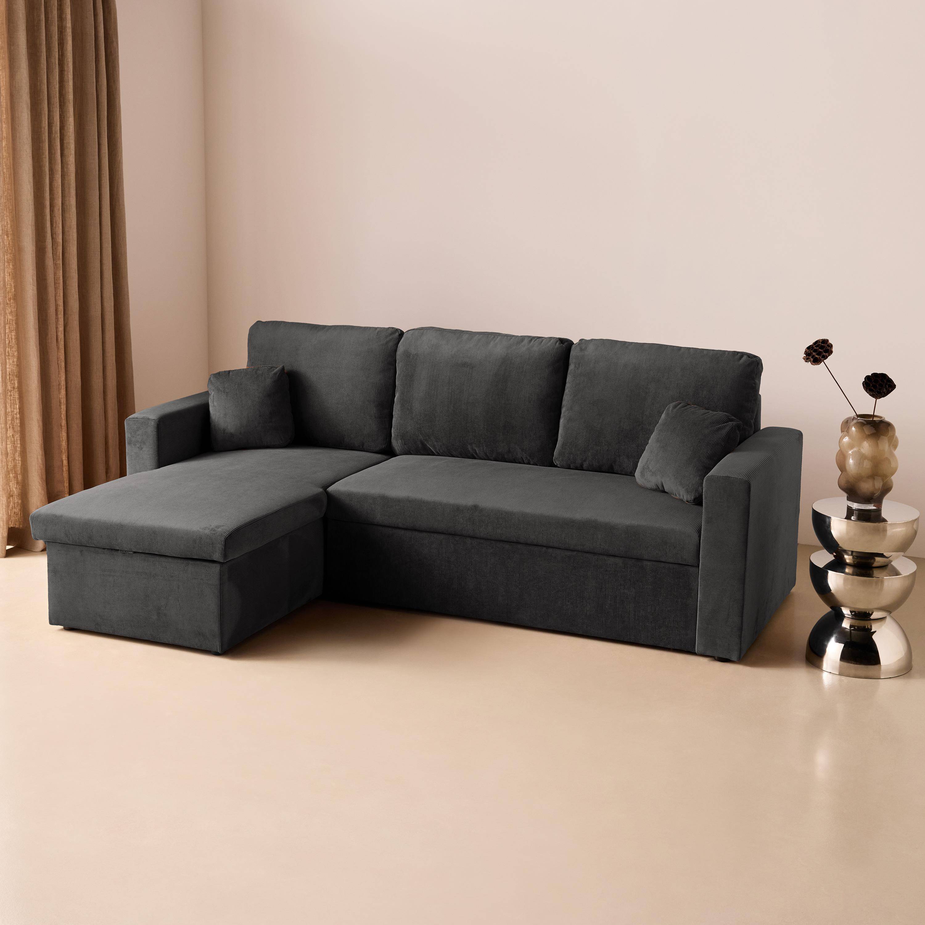 Hoekbank donkergrijs corduroy, Ida, 3-zits, verstelbaar ligeiland, opbergbox, slaapbank Photo2