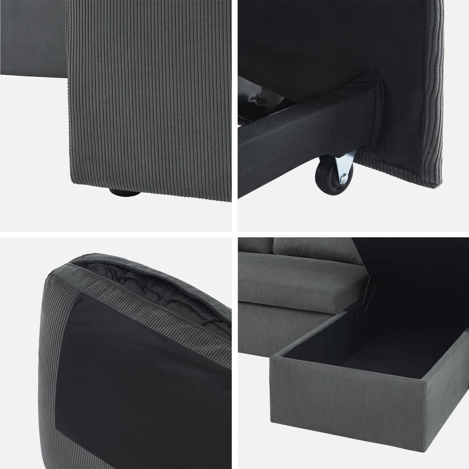 Canapé d'angle convertible en velours côtelé gris foncé  - IDA - 3 places, fauteuil d'angle réversible coffre rangement lit modulable ,sweeek,Photo7