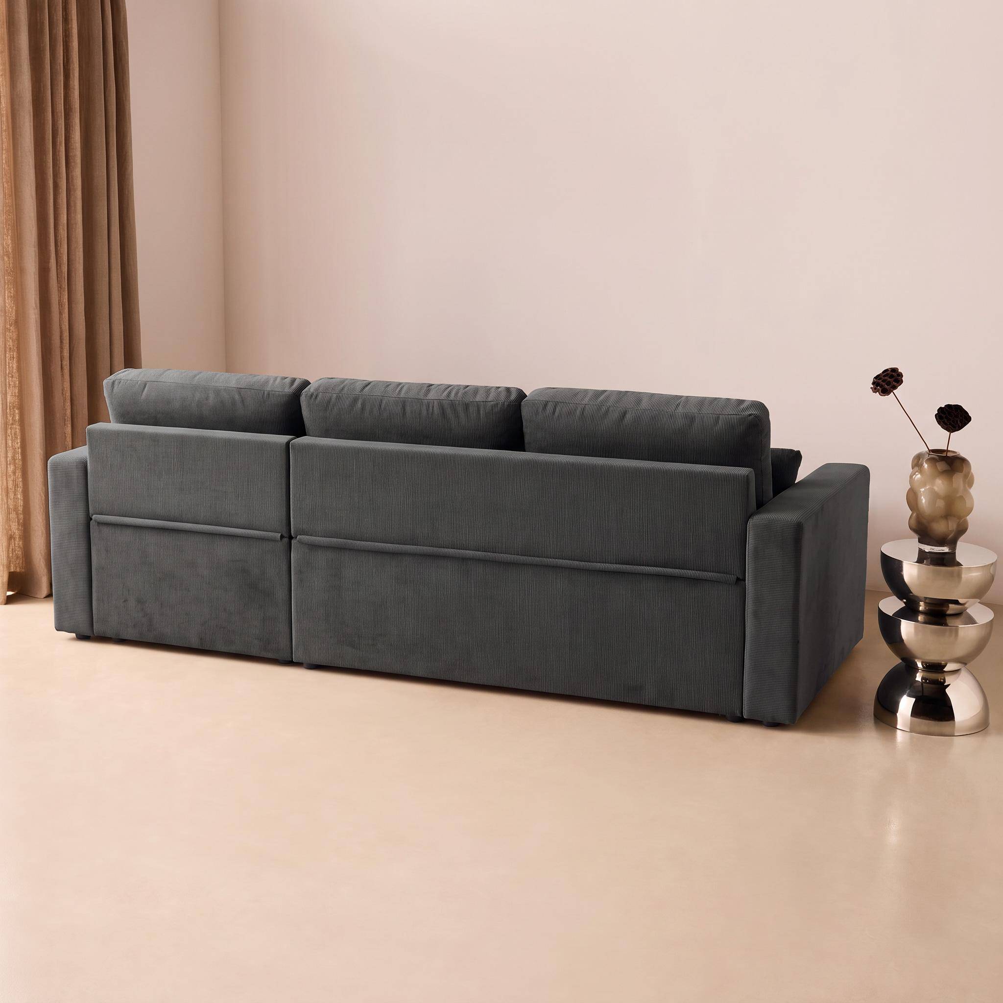 Hoekbank donkergrijs corduroy, Ida, 3-zits, verstelbaar ligeiland, opbergbox, slaapbank Photo7