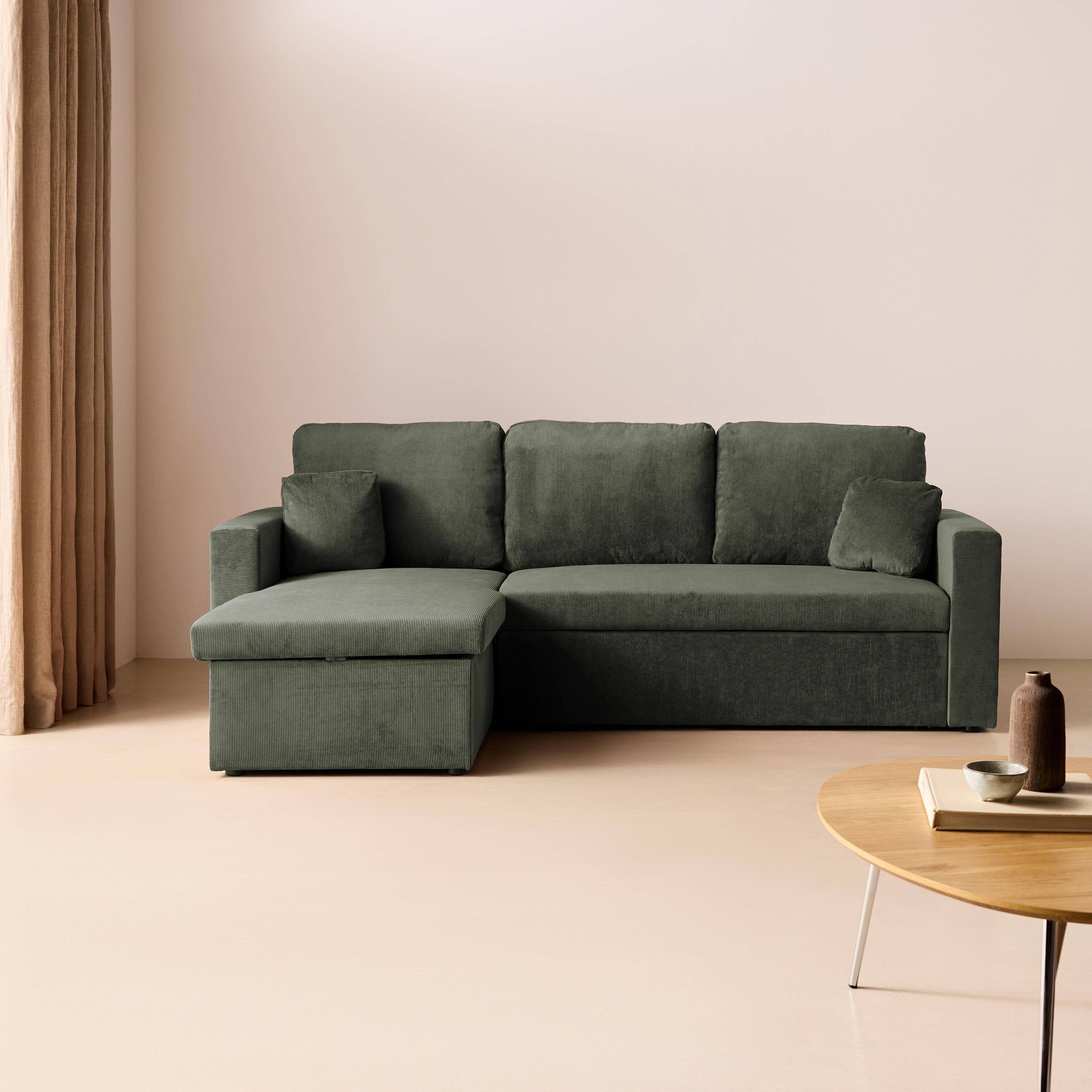 Sofá cama esquinero reversible con espacio de almacenamiento, 3 plazas, Ida pana, Caqui oscuro, 220x146x83 cm Photo1