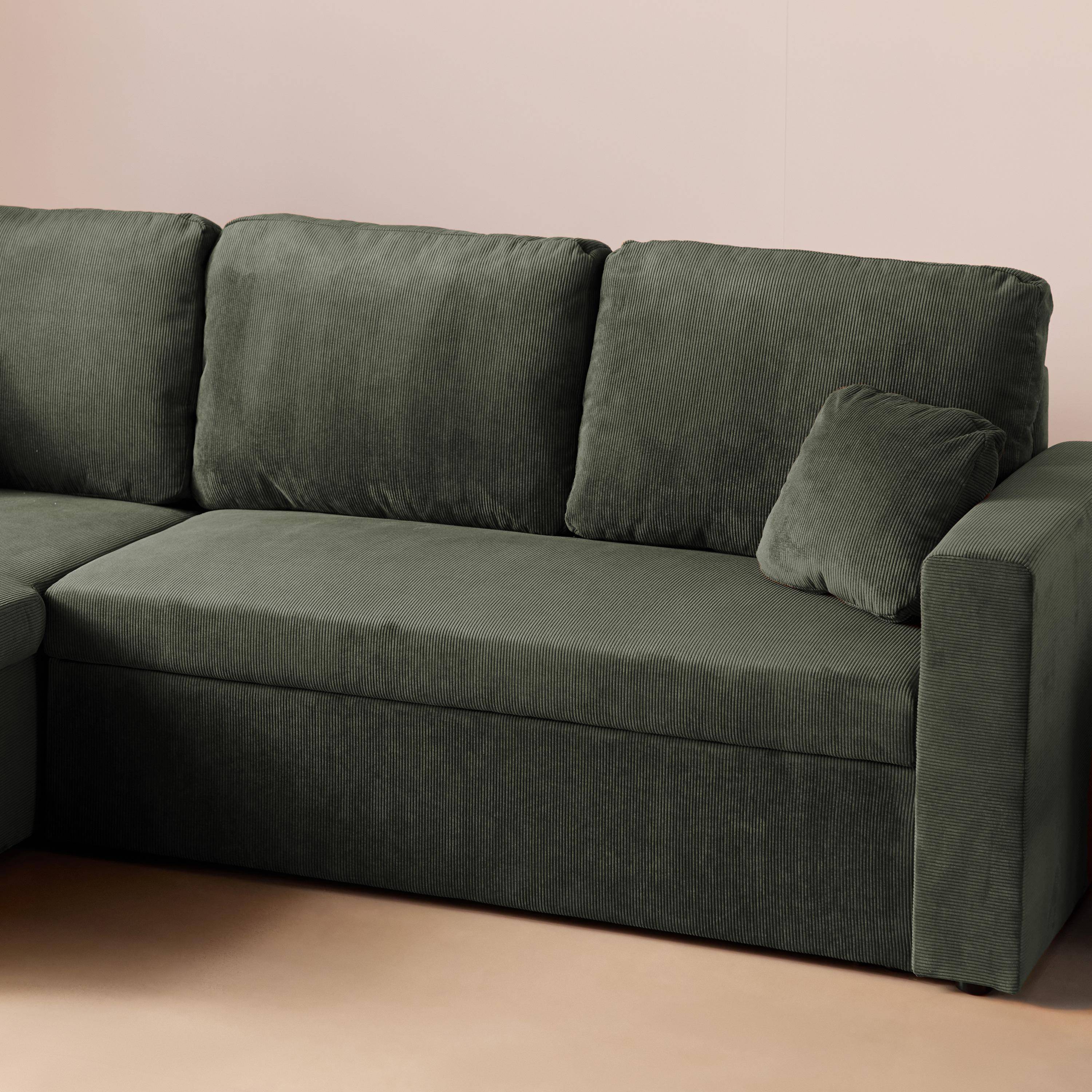 Sofá cama esquinero reversible con espacio de almacenamiento, 3 plazas, Ida pana, Caqui oscuro, 220x146x83 cm,sweeek,Photo3