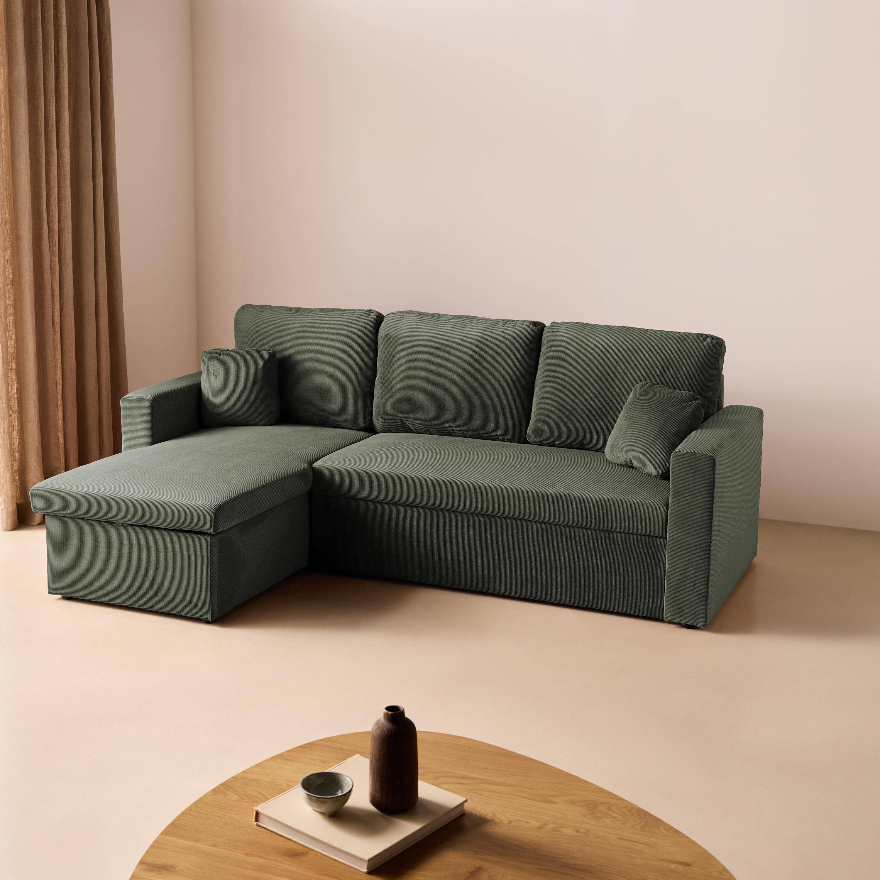 Sofá cama esquinero reversible con espacio de almacenamiento, 3 plazas, Ida pana, Caqui oscuro, 220x146x83 cm,sweeek,Photo2