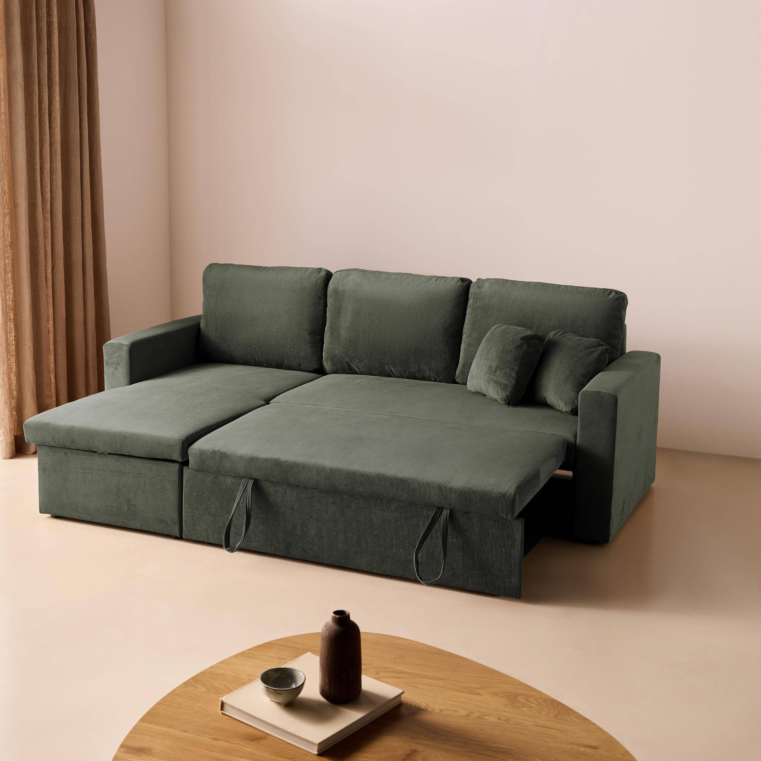 Sofá cama esquinero reversible con espacio de almacenamiento, 3 plazas, Ida pana, Caqui oscuro, 220x146x83 cm,sweeek,Photo5