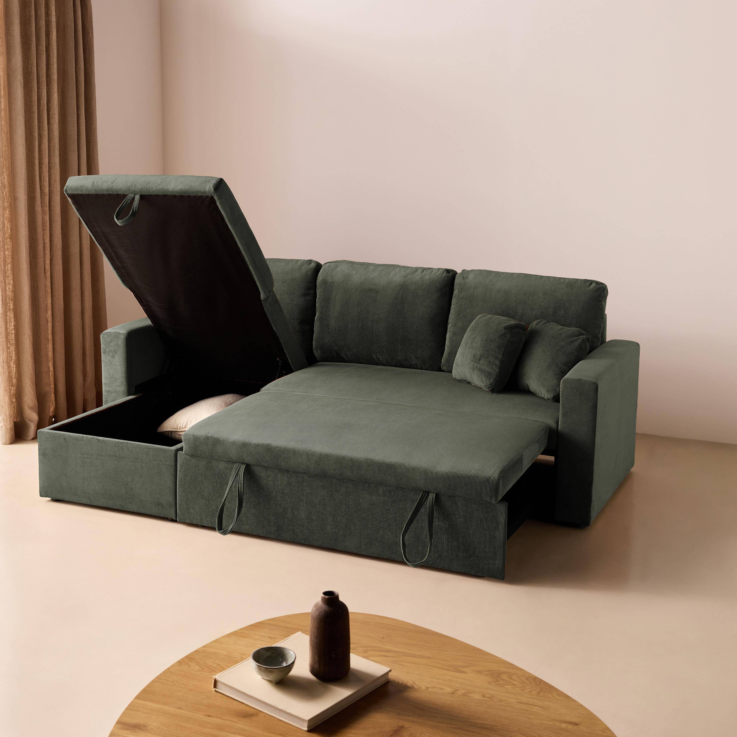 Sofá cama esquinero reversible con espacio de almacenamiento, 3 plazas, Ida pana, Caqui oscuro, 220x146x83 cm Photo6