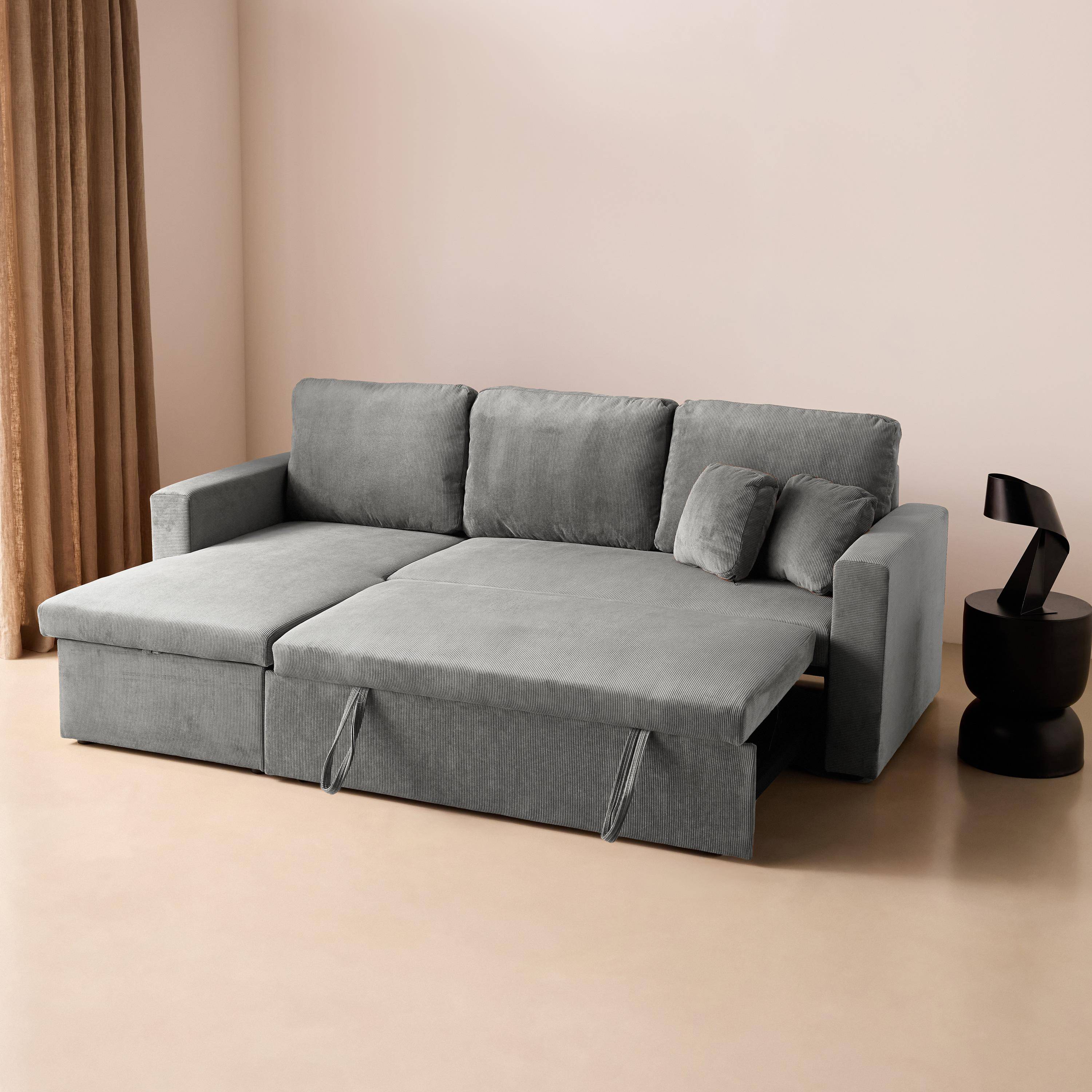 Hoekbank lichtgrijs corduroy, Ida, 3-zits, verstelbaar ligeiland, opbergbox, slaapbank Photo5