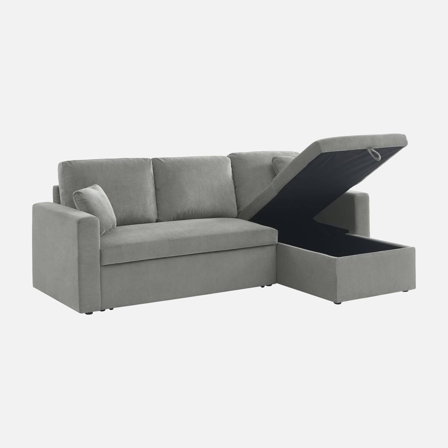 Canapé d'angle convertible en velours côtelé gris clair - IDA - 3 places, fauteuil d'angle réversible coffre rangement lit modulable  Photo7