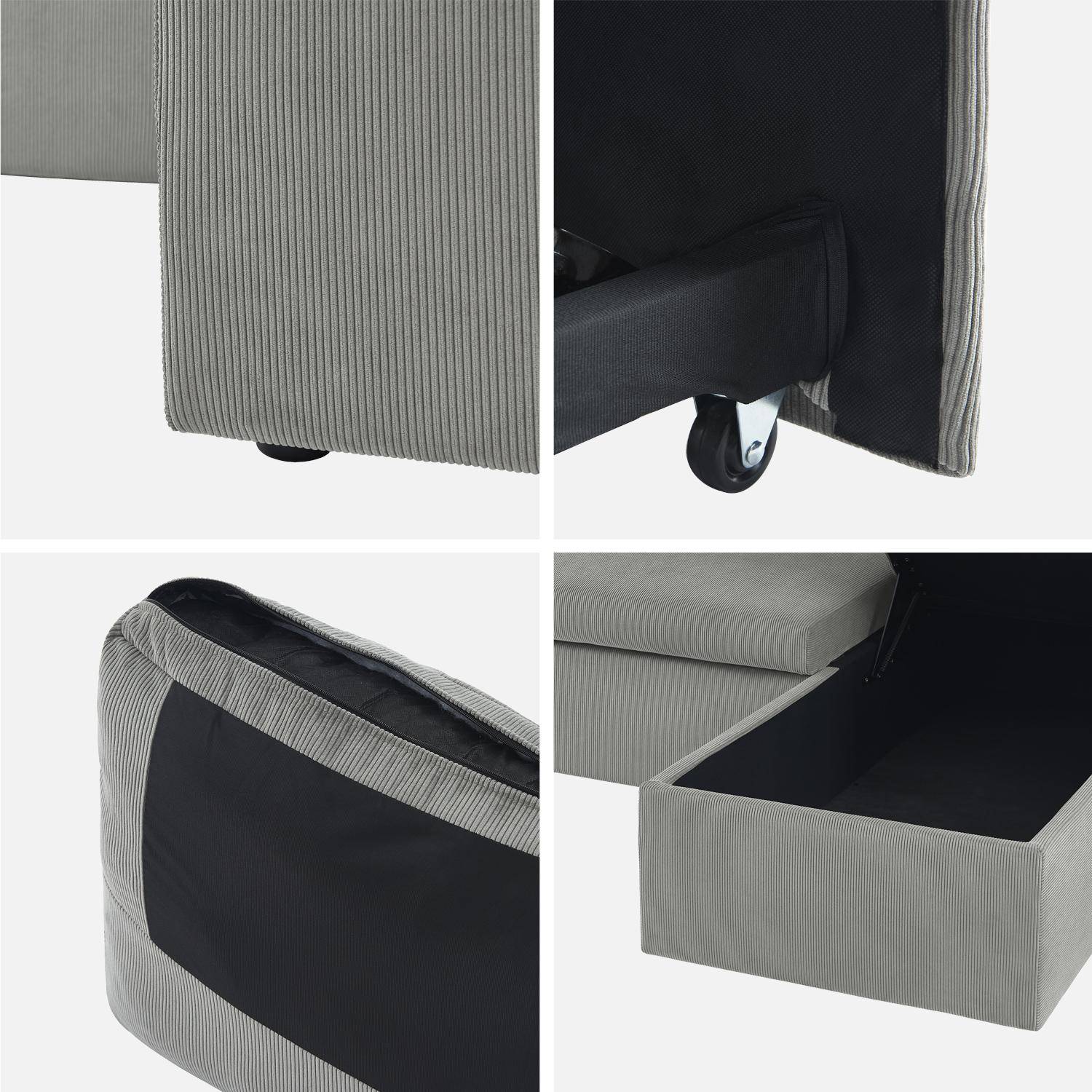 Canapé d'angle convertible en velours côtelé gris clair - IDA - 3 places, fauteuil d'angle réversible coffre rangement lit modulable  Photo8